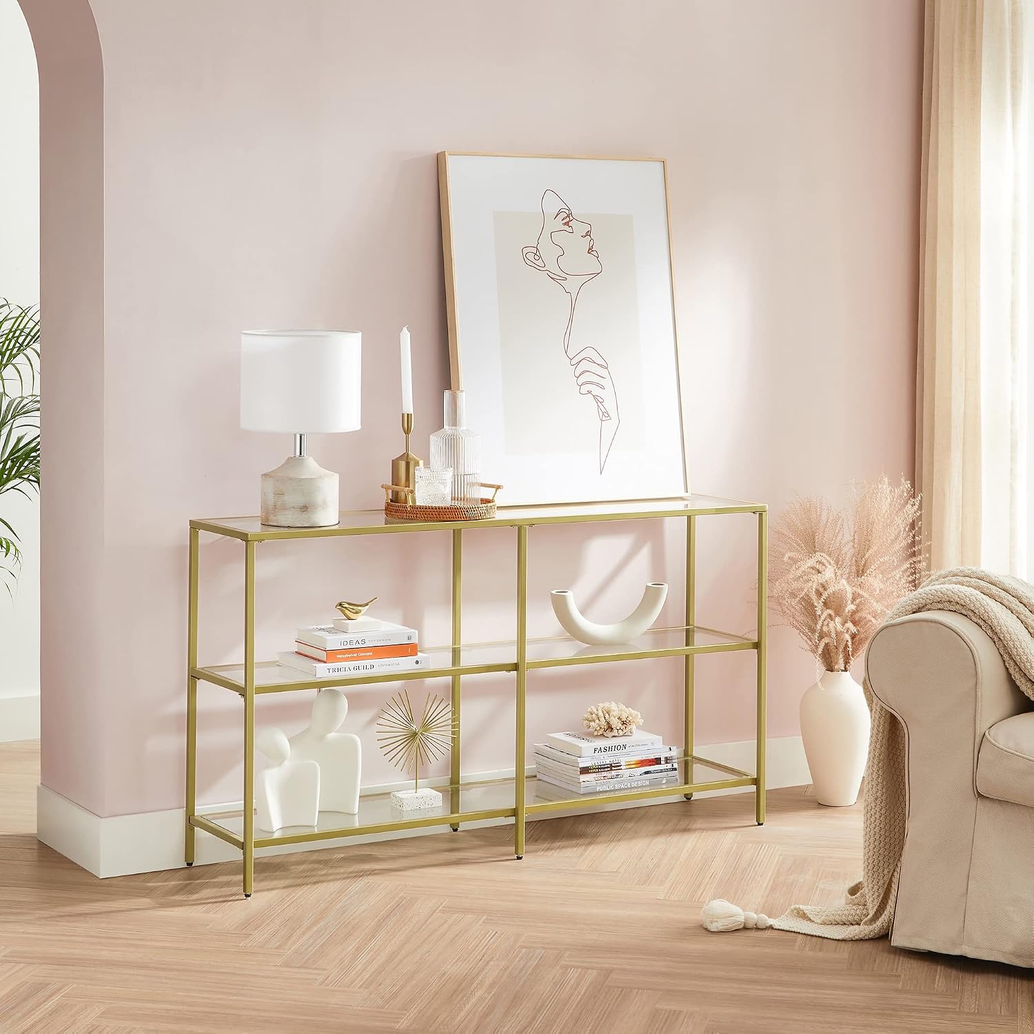 VASAGLE 51.2 Inch Console Table with 3 Shelves, Sofa Tables, Modern Entryway Table, Metal Frame, Tempered Glass Shelf, Entryway Living Room Bedroom, Metallic Gold and Transparent ULGT024A01