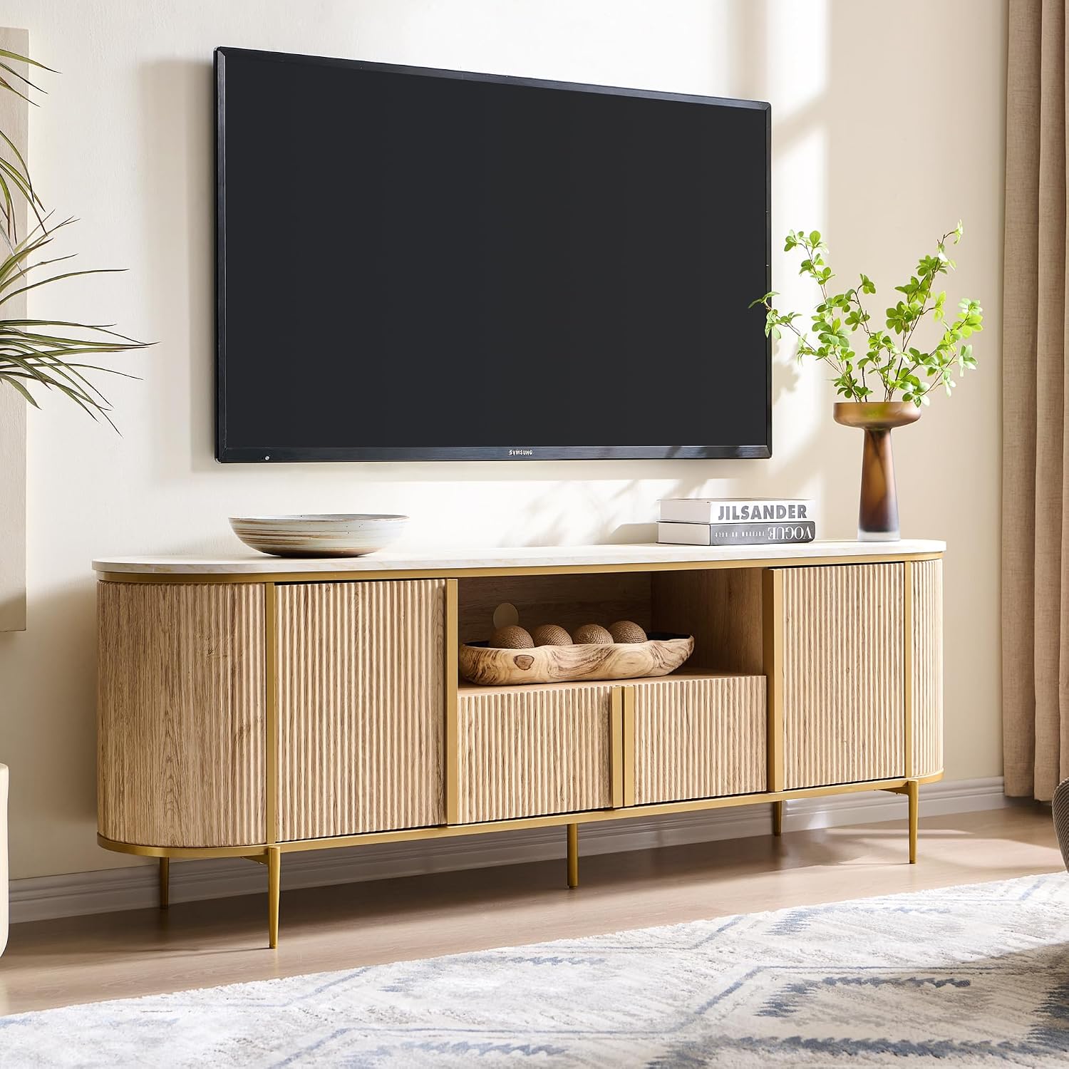 OKD Luxury 70' Fluted TV Stand, Modern Chic Entertainment Center for TVs Up to 80 inches, TV Console with Faux Marble Top, Curved Profile Design, Media Console for Living Room, Natural Oak