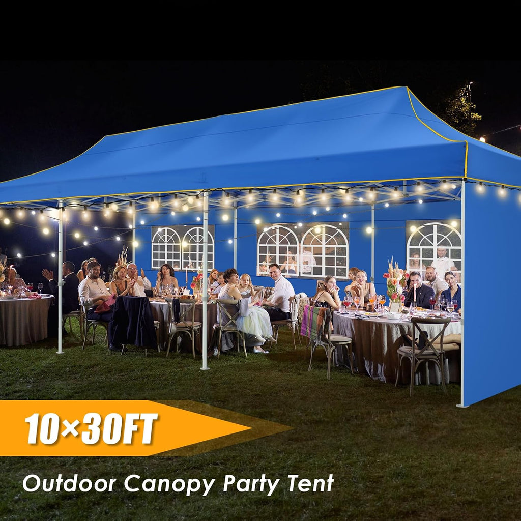 HOTEEL 10x30 Heavy Duty Pop Up Canopy Tent with 5 Sidewalls&Wheeled Bag, Commercial Event Party Tent Wedding Instant Canopy Waterproof, Upgraded Thicked Hexagonal Legs, UV 50+, Blue