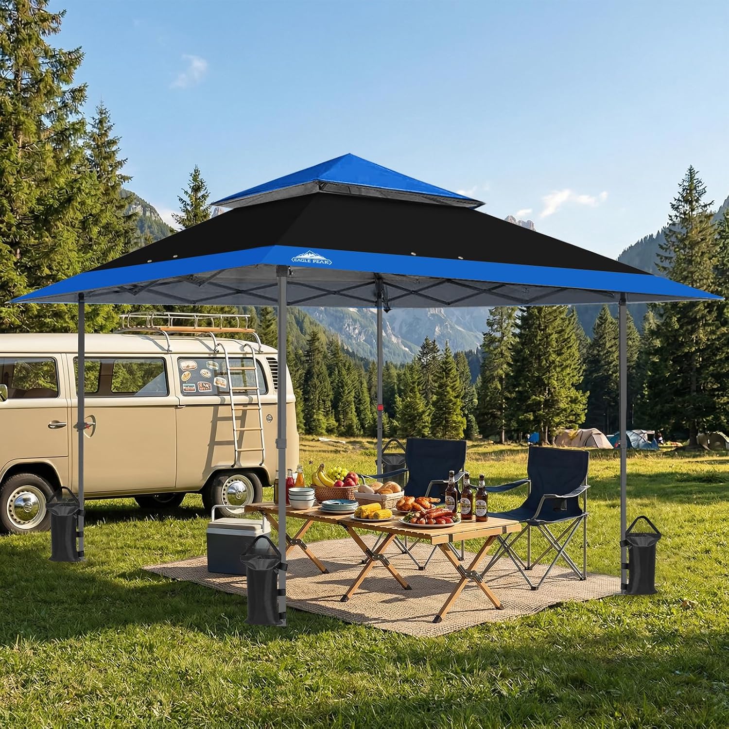 EAGLE PEAK 13x13 Straight Leg Pop Up Canopy Tent Instant Outdoor Canopy Easy Single Person Set up Folding Shelter w/Auto Extending Eaves 169 Square Feet of Shade (Black/Blue)