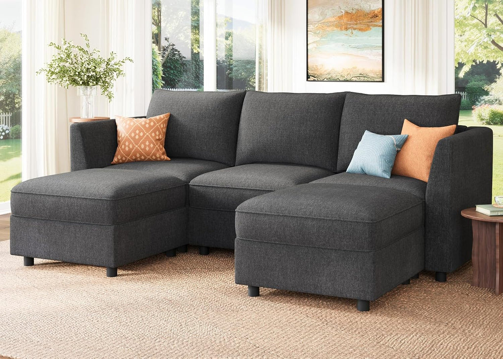 HONBAY Modular Sectional Sofa with Storage U Shaped Sectional Sofa, Convertible Couches for Living Room - Snowflake Velvet Grey