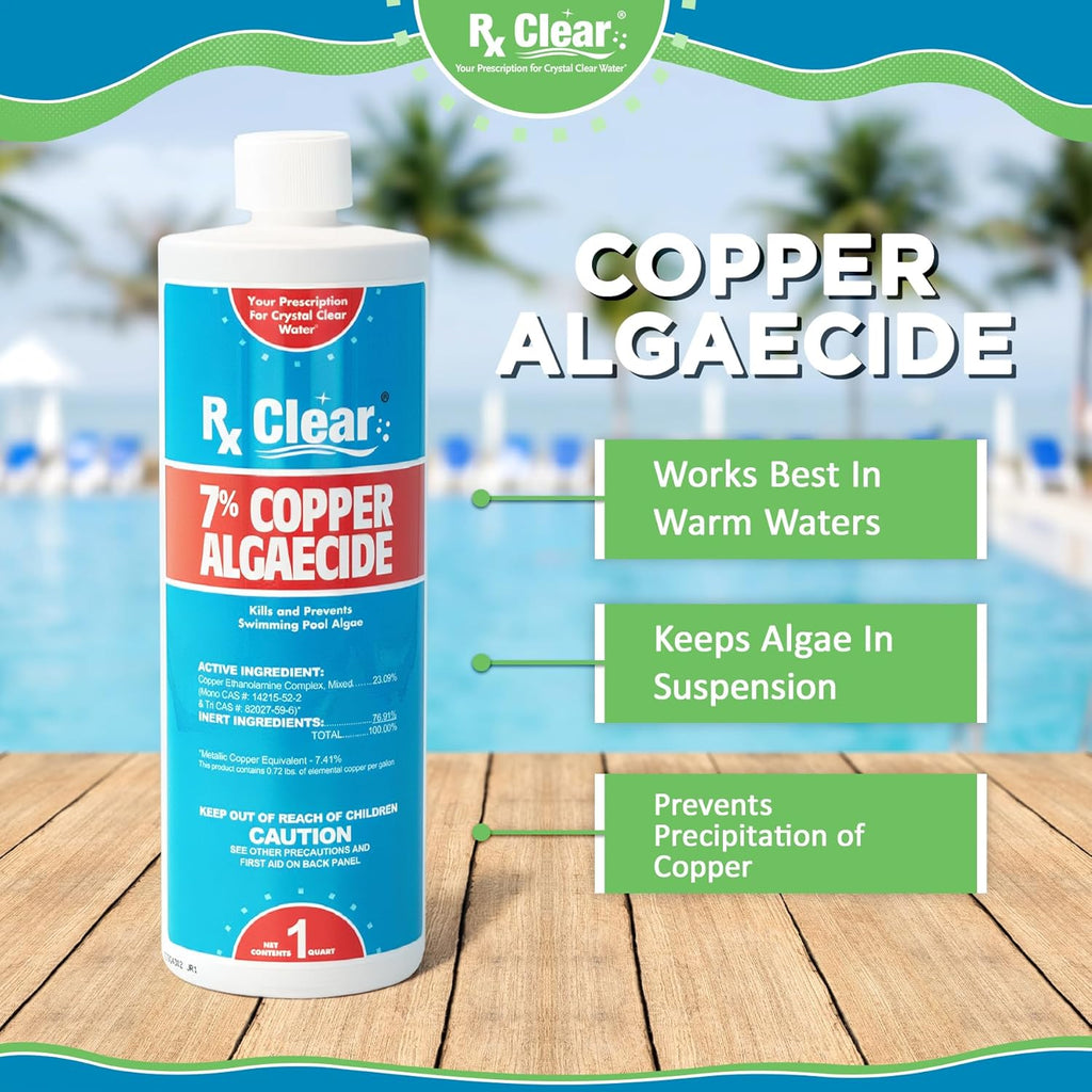 Rx Clear 7% Copper Algaecide | Kills and Prevents Algae for In-Ground and Above Ground Swimming Pools | Safe Formula for Swimmers | One Quart Bottles | 12 Pack