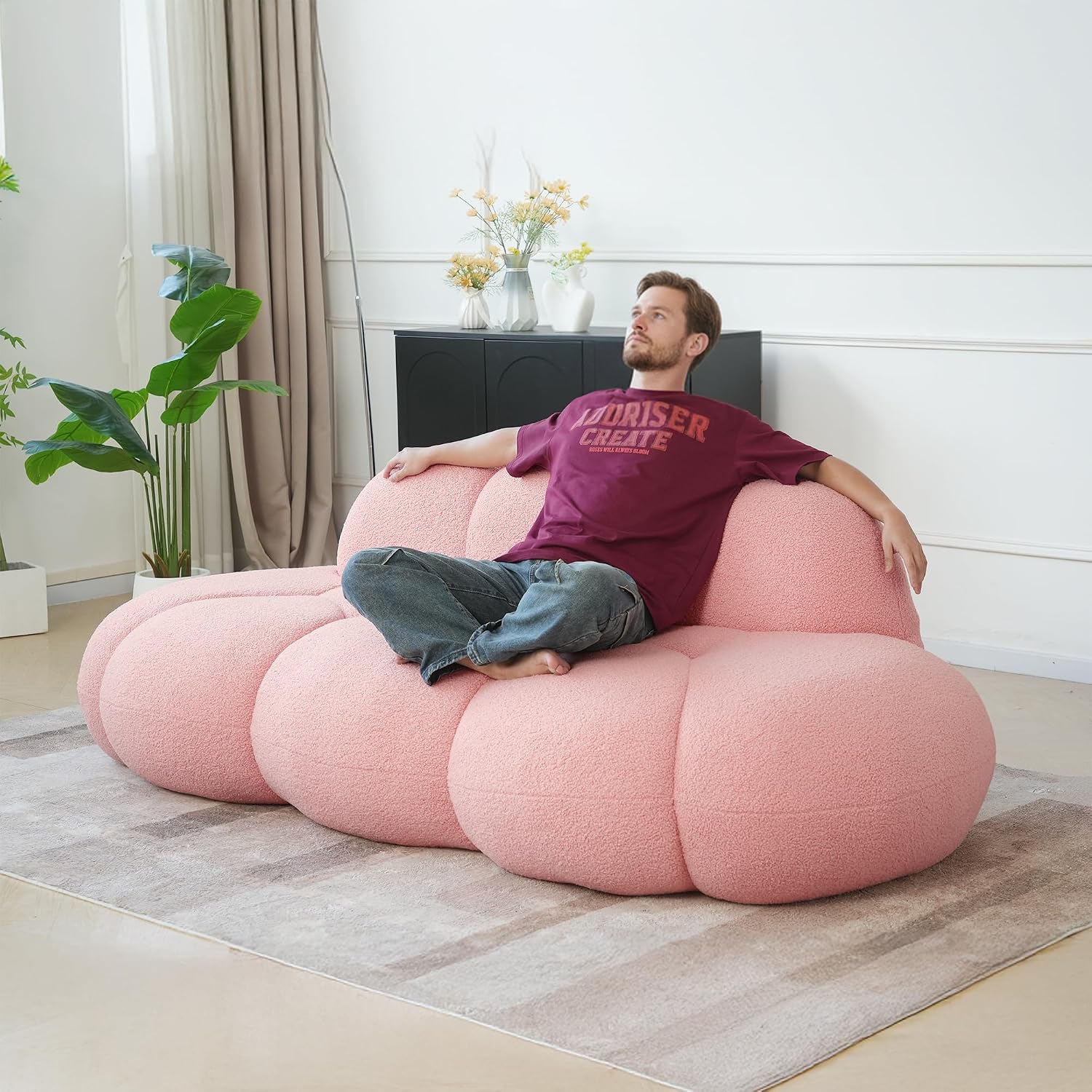 JACH 3 Seater Cloud Sofa for Living Room, Modern Sherpa Upholstered Sofa, Minimalist Leisure Sofas, Comfy Cloud Couch for Apartment, Small Space, No Assembly Required (Pink)