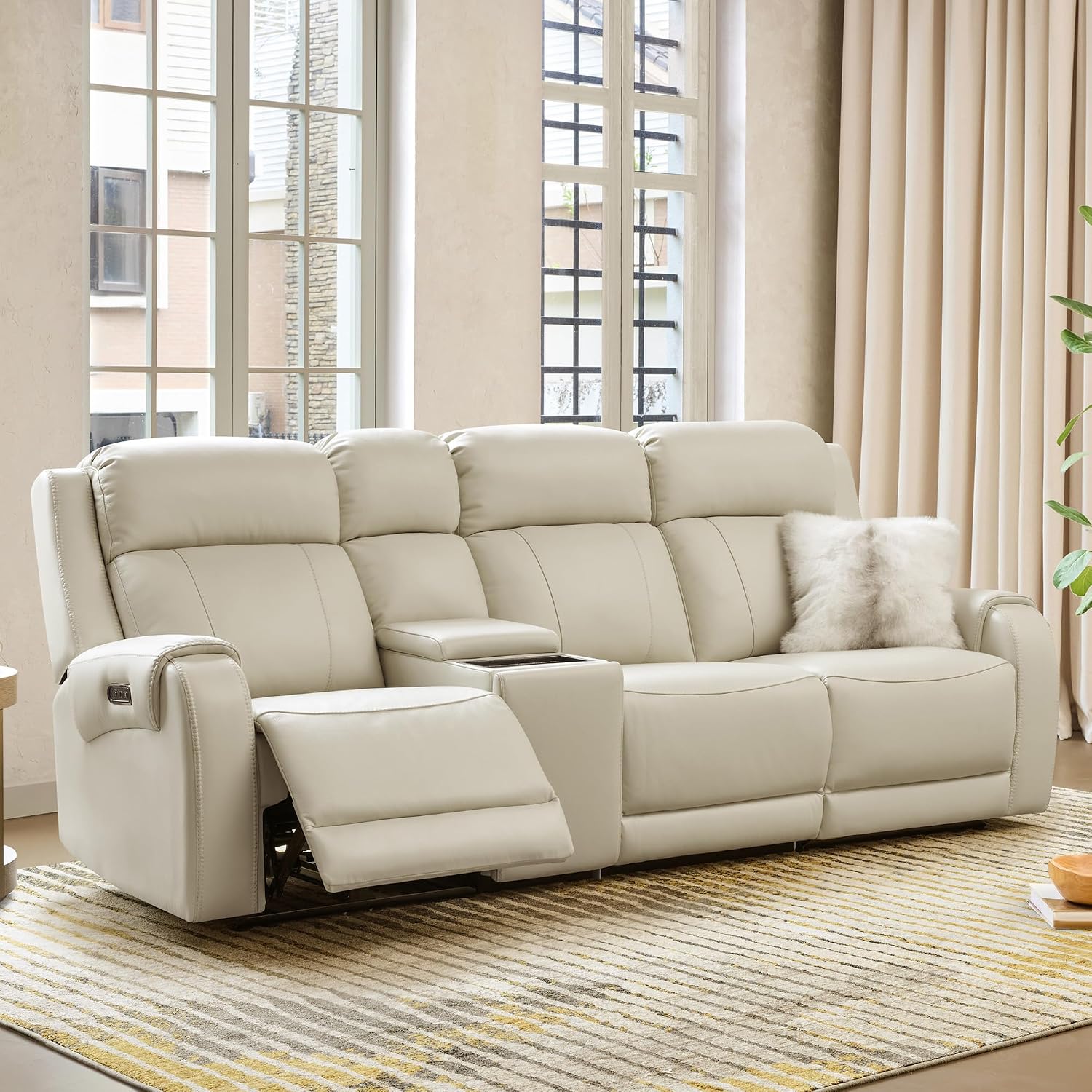 CHITA Genuine Leather Power Recliner Sofa, Wall Hugger Reclining Sofa with Console, Power Headrest, Dual Motor, USB Charging Ports, Recliner Couch for Living Room, RV, Leather in Cream
