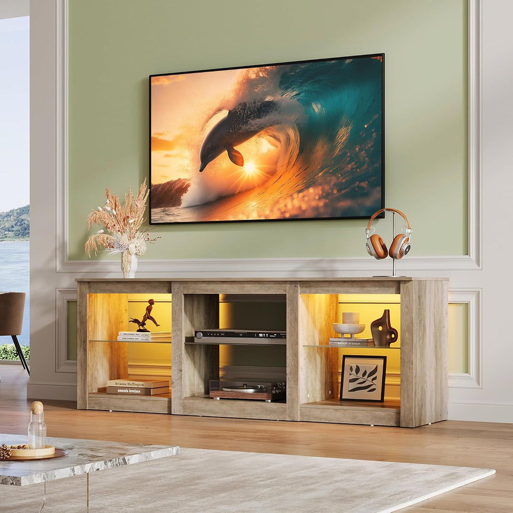 WLIVE Modern LED TV Stand for 65 70 Inch TV, 58' Entertainment Center with Adjustable Glass Shelves & RGB Lights, Wood Media Console Table for Living Room, Bedroom, Gaming Room, Gray Oak
