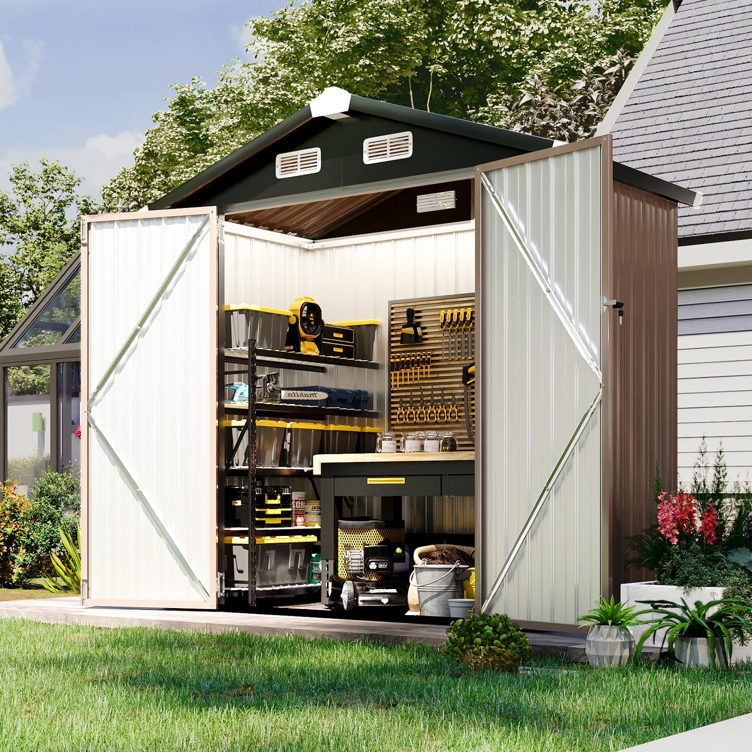 4.6 x 2.5 FT Outdoor Metal Storage Shed – Ideal for Garbage Cans, Tools, Garden Equipment, and Bikes – Brown