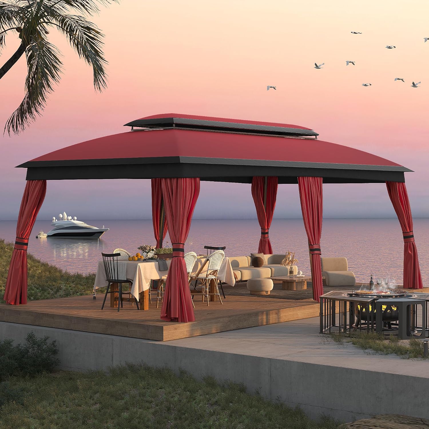 Outdoor Patio Gazebo 10'x20', CPAI-84 Heavy Duty Party Tent & Shelter with Double Roofs, Mosquito Netting and Privacy Curtains for Backyard, Garden, Lawn, Red