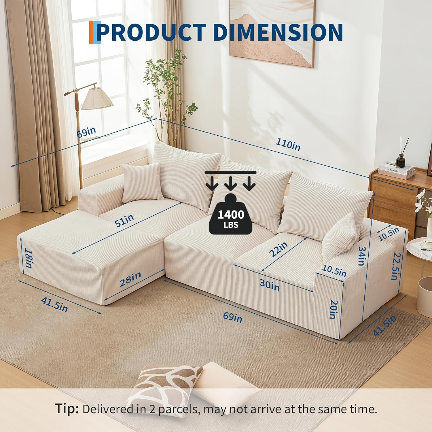 110' Modular Sectional Sofa Couches for Living Room, Cloud Memory Boneless Couch, No Assembly Required,Comfy Cloud 3-Seater Couch with Chaise, Memory Foam Sofa for Offices, Bedroom and Apartment