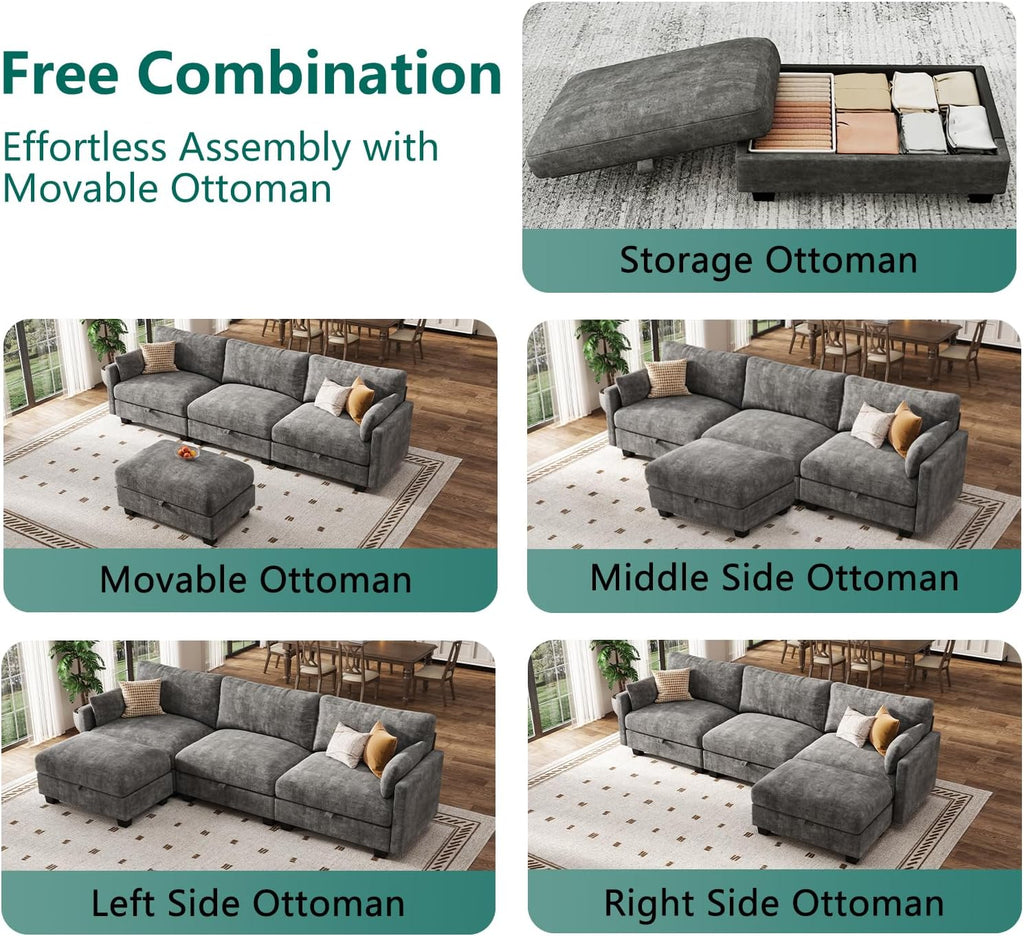 Modular Sectional U Shaped Sofa Couches for Living Room, Cloud Couch with Storage Ottoman, Comfy Chenille Sofa with Pillow, Dark Gray