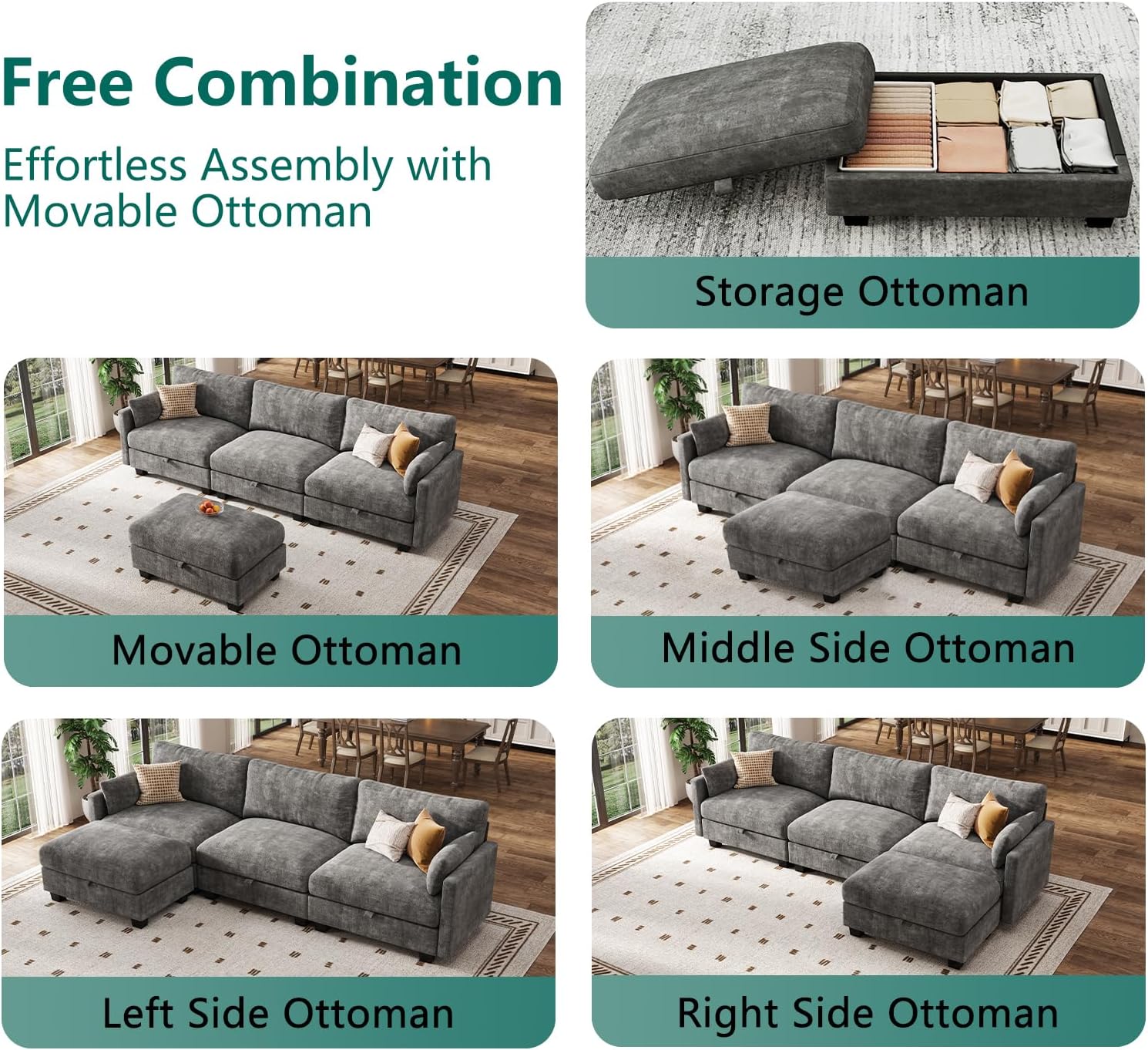 Modular Sectional U Shaped Sofa Couches for Living Room, Cloud Couch with Storage Ottoman, Comfy Chenille Sofa with Pillow, Dark Gray
