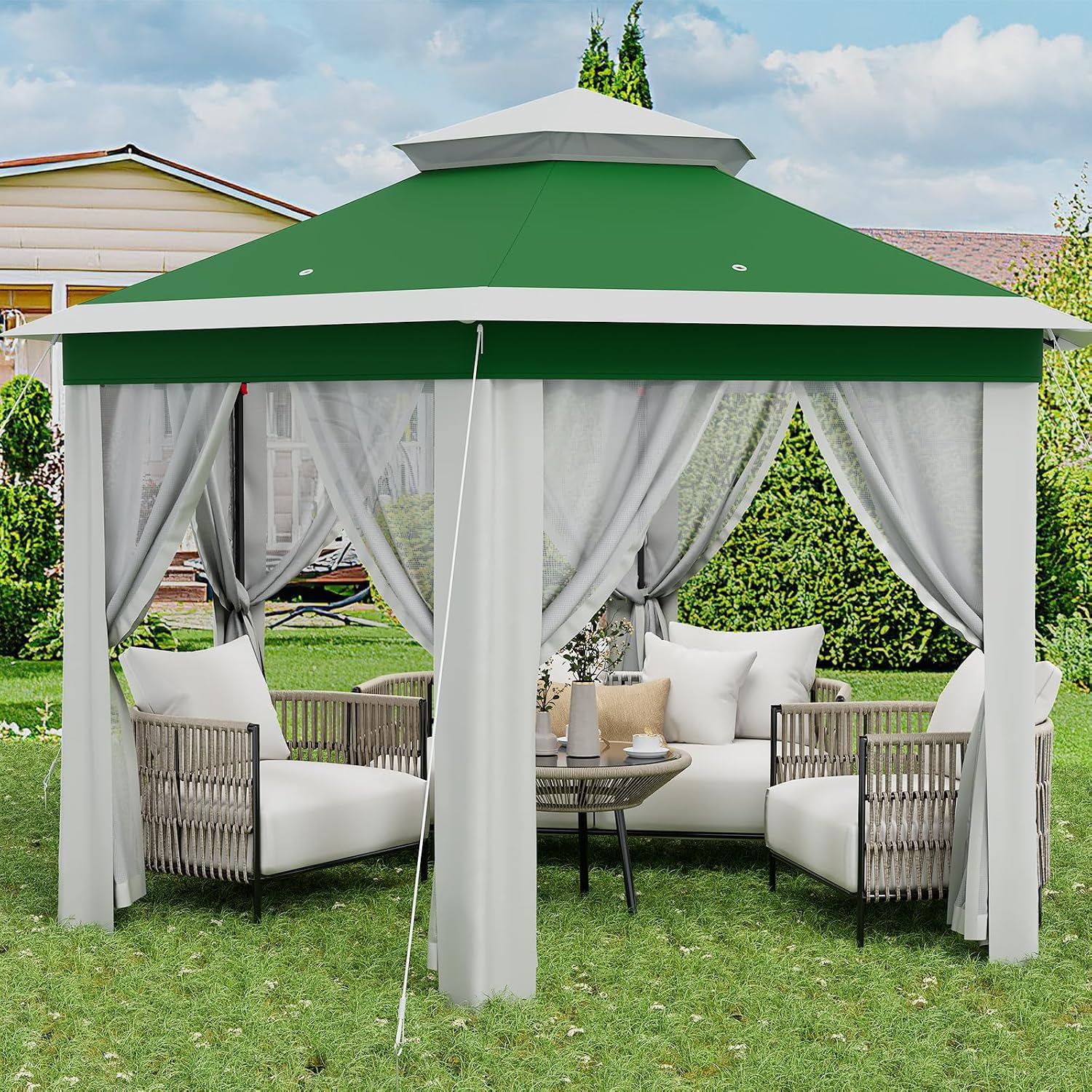 70.8'X70.8' Outdoor Patio Gazebo, Pop-Up Screen Tent with UV Protection & Mosquito Net, Waterproof Hardtop for Backyard, Camping, Easy Foldable Design(Green Beige)