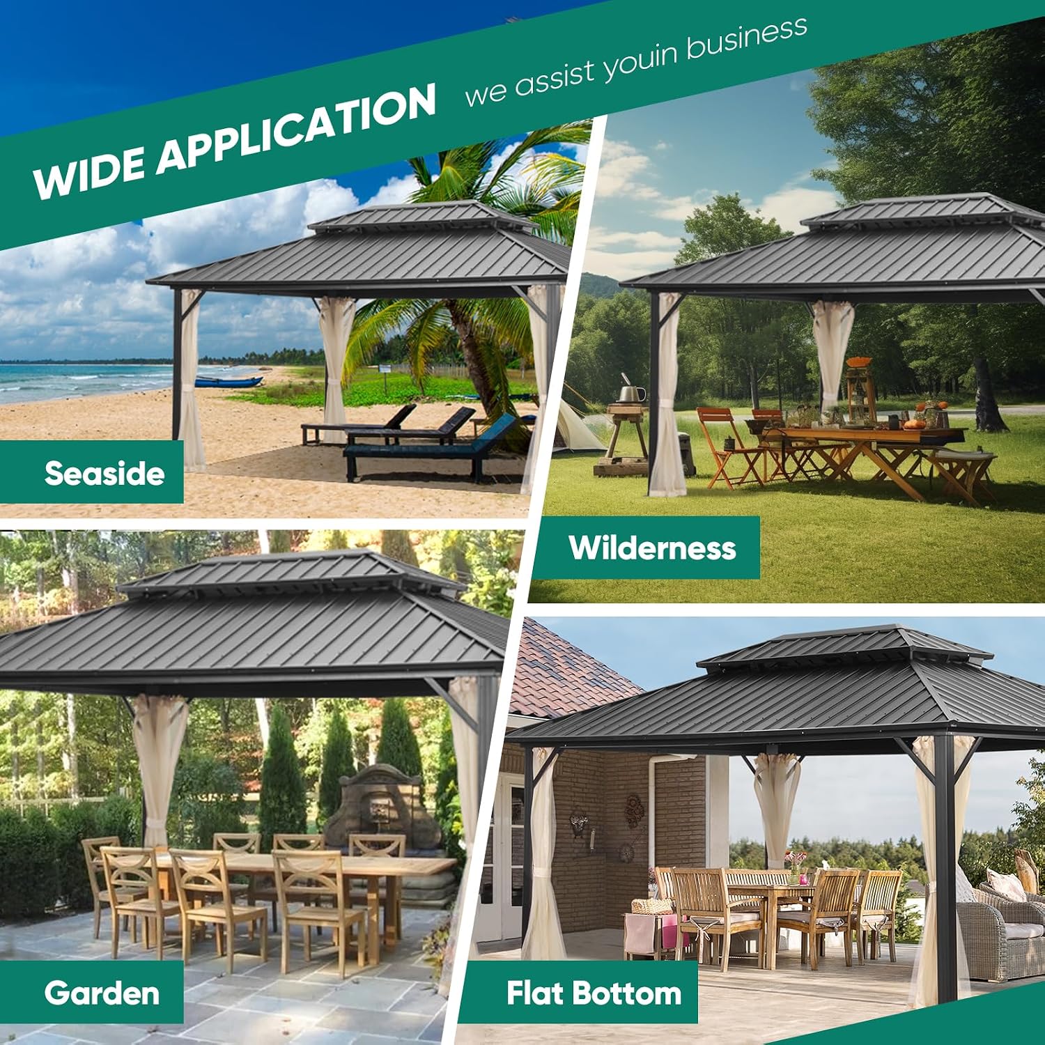 GDY 12' x 16' Hard Top Gazebo, Wood Finish Coated Aluminum Frame Gazebo with Galvanized Steel Double Roof, Metal Gazebo with Curtains and Netting for Patios, Lawns and Gardens.