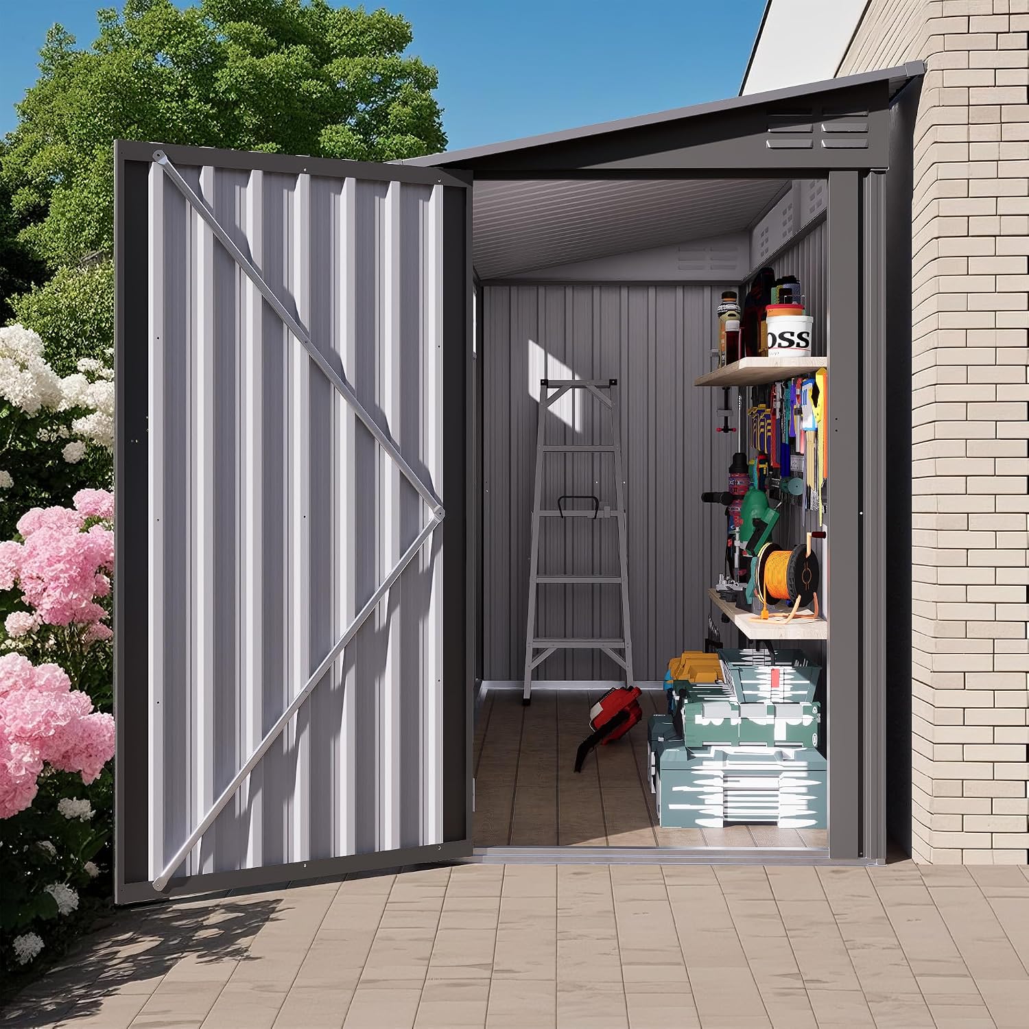 4 x 9 FT Tool Outdoor Storage Shed, Metal Storage Shed for Backyard Patio Garden,Sloped Roof Corner Fit, Side Swing Door, 2 Vents,Waterproof Backyard Garden Storage for Tools, Bikes, Sundries
