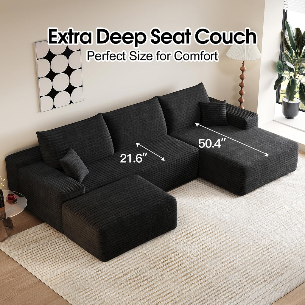 107.5' Comfy U-Shaped Sectional Modern Boneless Corduroy Couch with Chaise ‌and Ottoman‌ - No Assembly Required! Deep-Seat, Upholstered Modular Cloud Sofa for Living Room, Plush Corduroy Fabric(Black)