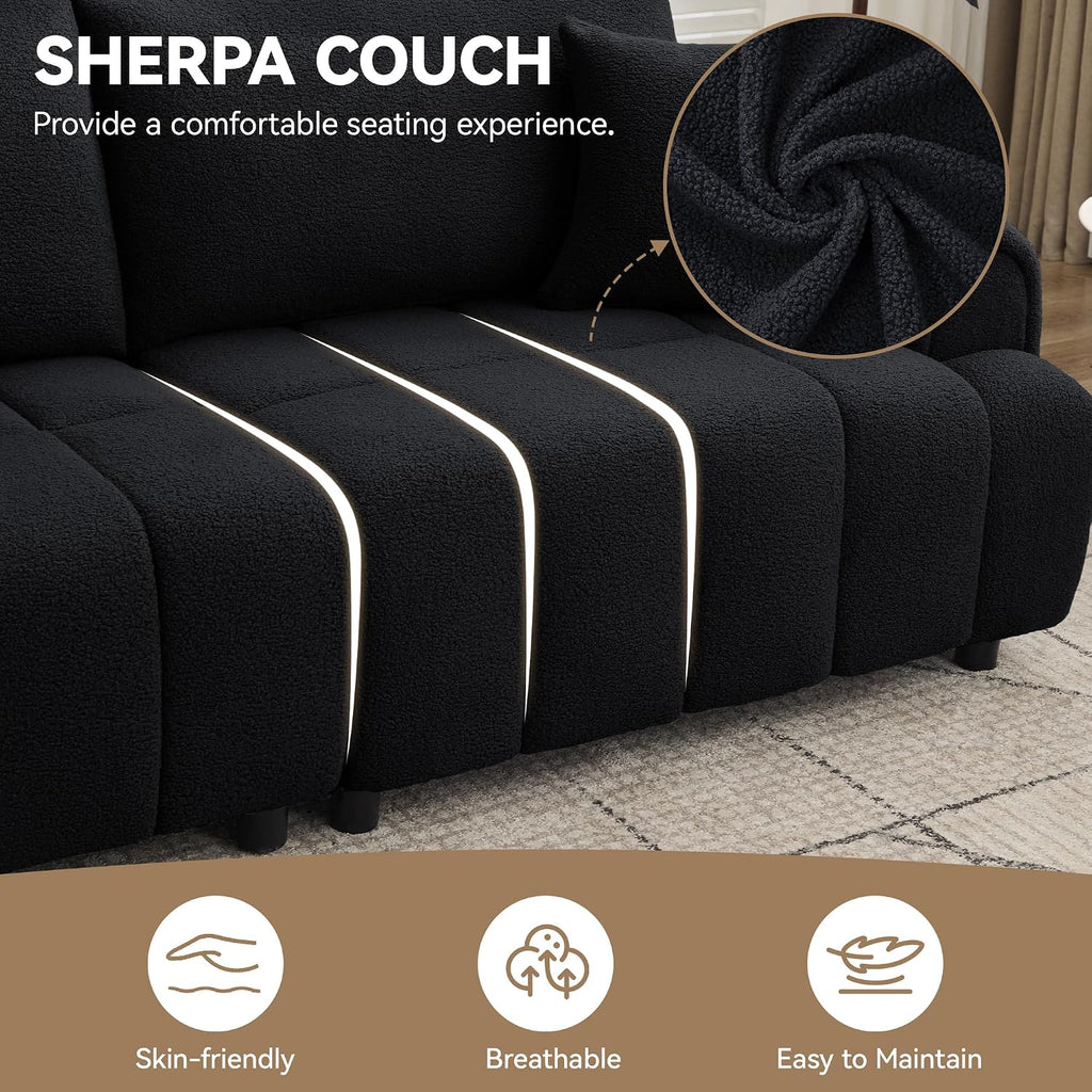 88 'Modern Boucle Sofa Couch, Oversized Comfy 3 Seater Sherpa Curved Sofas Deep Seat, Upholstered Loveseat Teddy Round Arm Couches for Living Room, Bedroom, Black