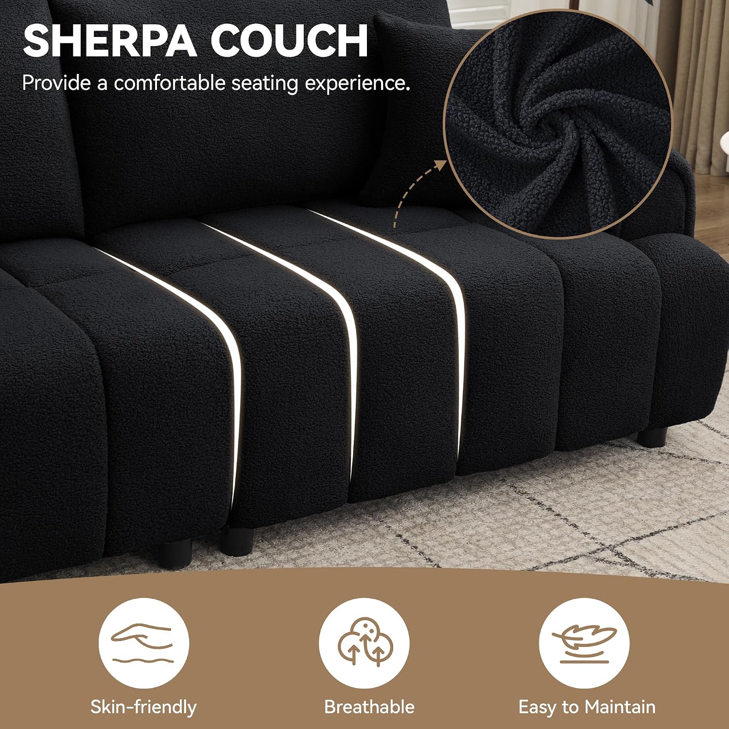 88 'Modern Boucle Sofa Couch, Oversized Comfy 3 Seater Sherpa Curved Sofas Deep Seat, Upholstered Loveseat Teddy Round Arm Couches for Living Room, Bedroom, Black
