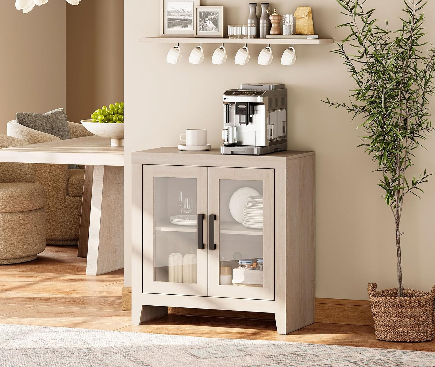 WAMPAT Farmhouse TV Stand for TVs up to 50', Rustic Wood Entertainment Center with Adjustable Shelf, Glass Doors & Storage, Media Console Cabinet for Living-Room, Bedroom, Beige