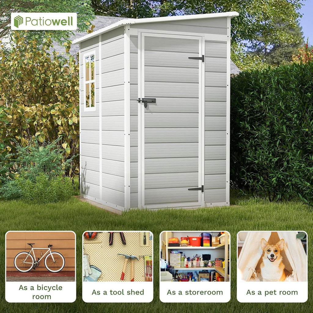 Patiowell 5x4 FT Outdoor Storage Shed with Floor, Resin Outside Storage Shed with Floor & Lockable & Window Door for Patio Furniture, Garden Tools and Bicycle, Light Gray