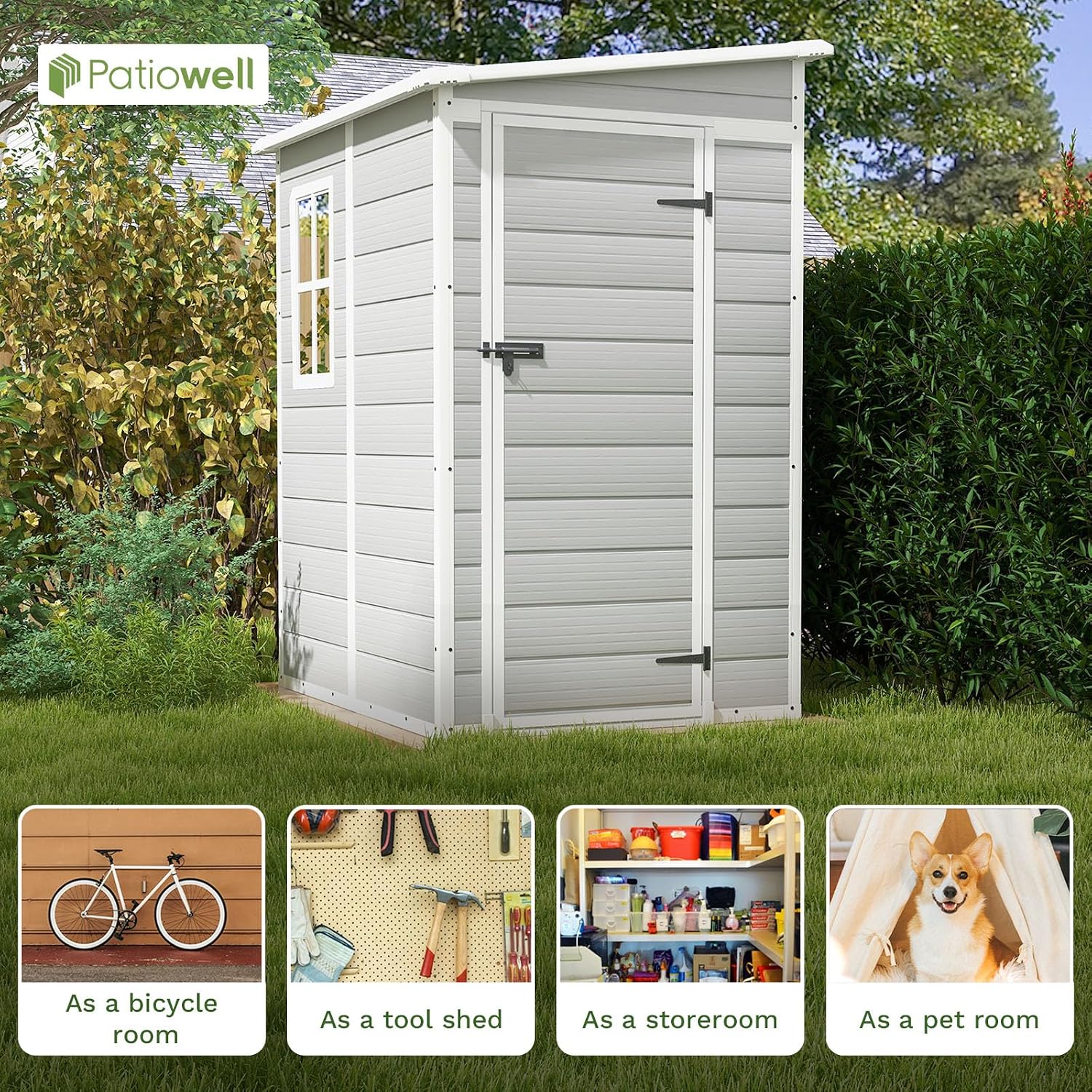 Patiowell 5x4 FT Outdoor Storage Shed with Floor, Resin Outside Storage Shed with Floor & Lockable & Window Door for Patio Furniture, Garden Tools and Bicycle, Light Gray