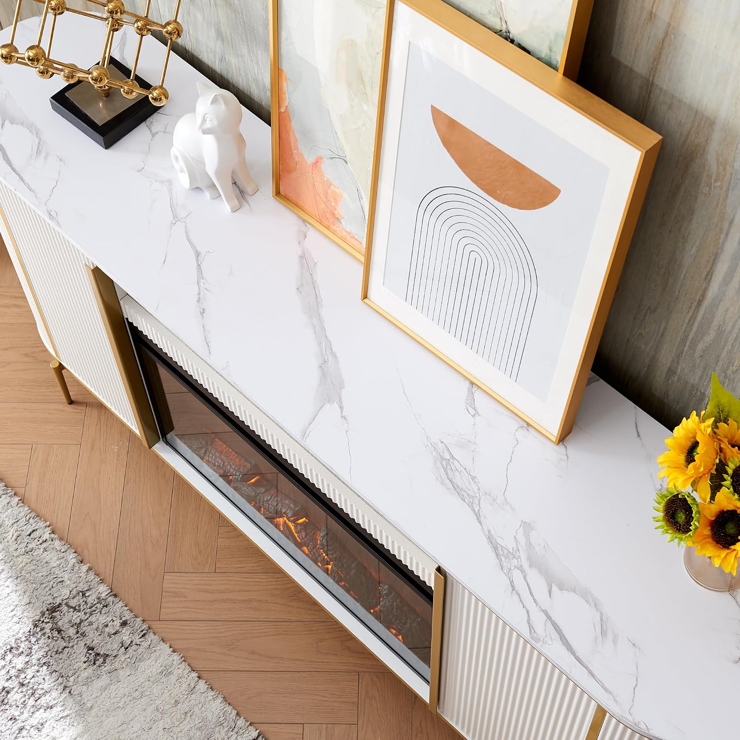 OKD Luxury 70' Fluted Fireplace TV Stand, Modern Chic Entertainment Center for TVs Up to 80 inches, TV Console with Faux Marble Top, Curved Profile Design, Media Console for Living Room, Off White