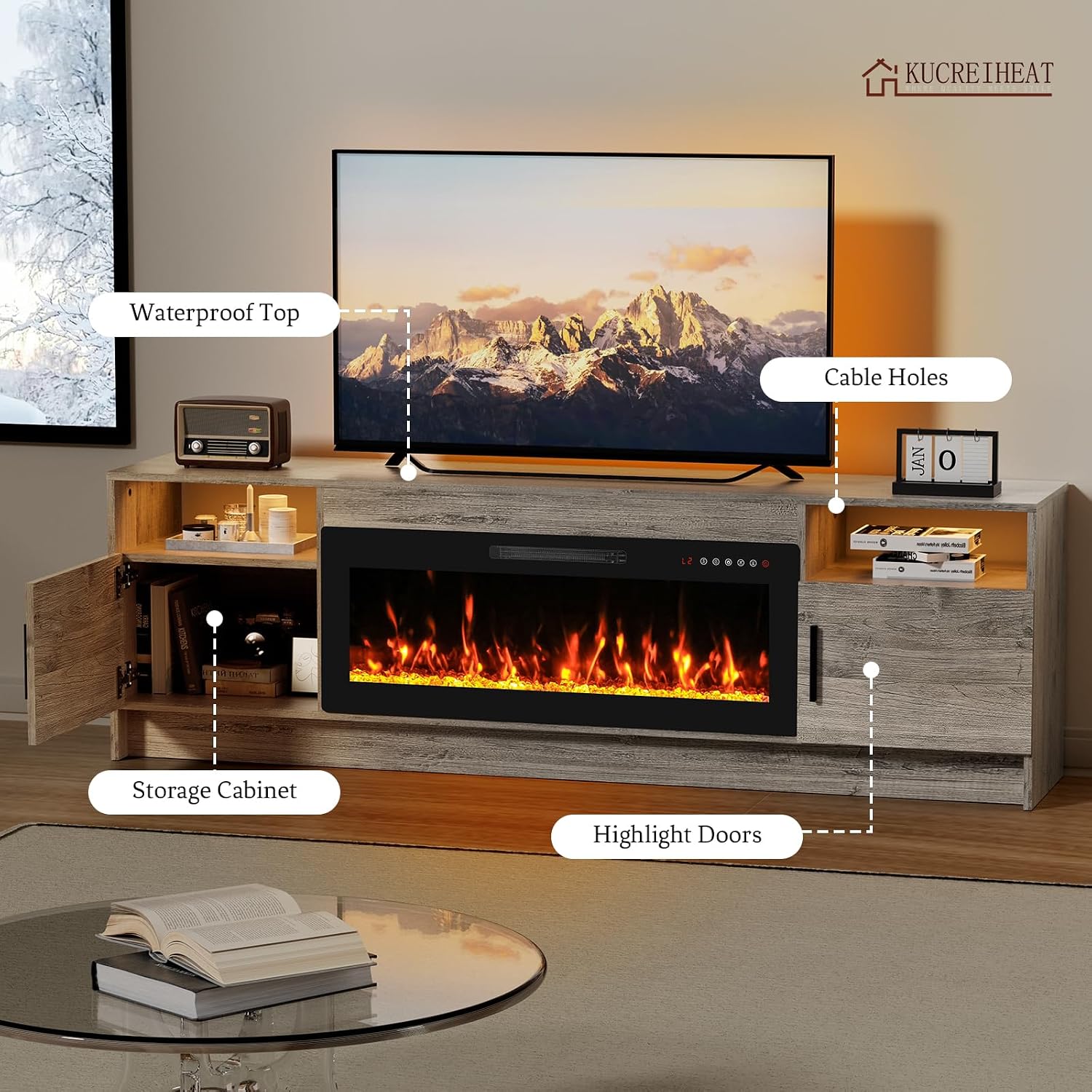 Kucreiheat Fireplace TV Stand for 65-80 inch TV, Large Entertainment Center with Fireplace & LED Lights,High Gloss Living Room Storage Cabinet, Grey, 70''(Crystal)