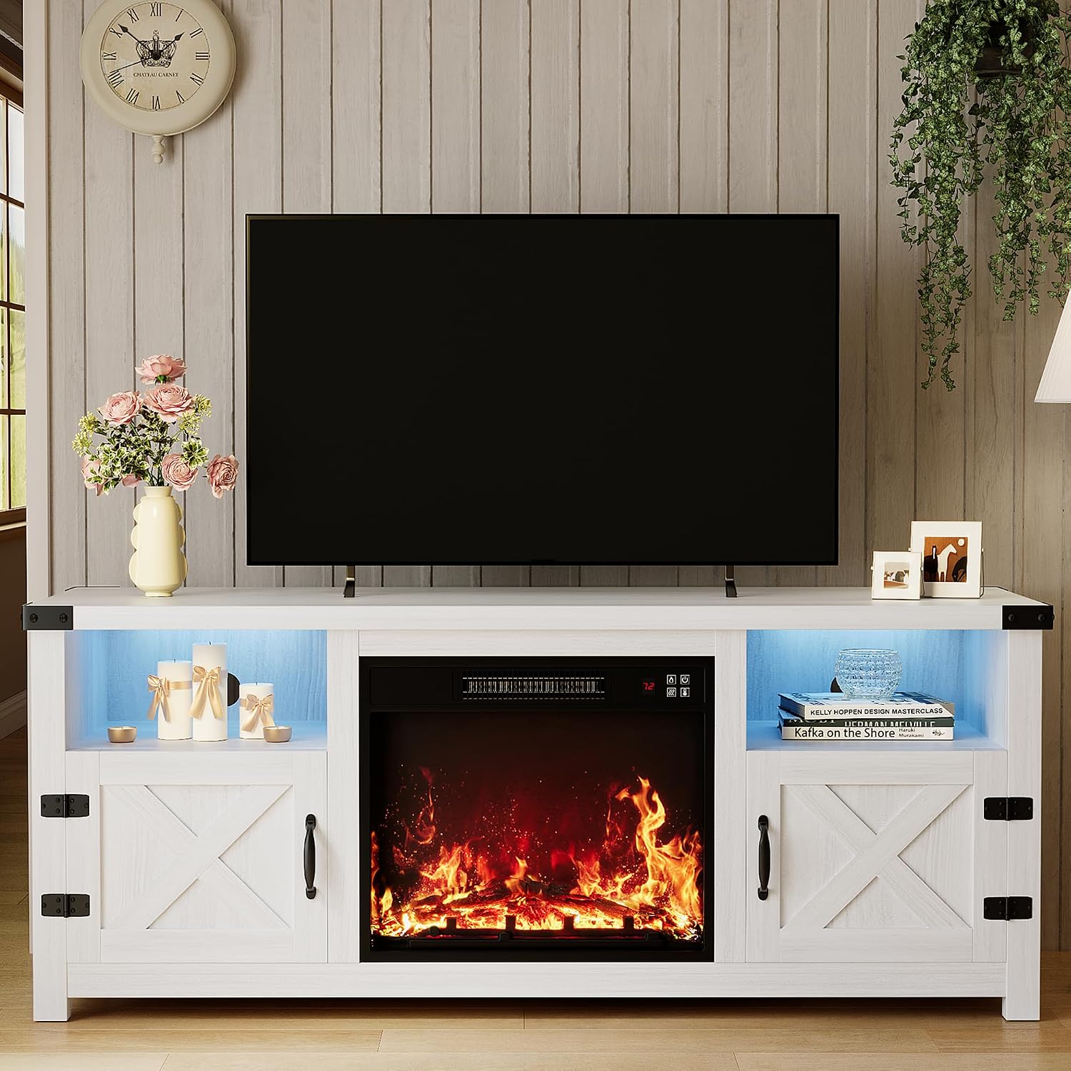 YESHOMY LED Fireplace TV Stand with Mood Lighting, TV Cabinet with Open Shelf, Farmhouse Media Console with Hidden Cable Routing, Entertainment Center for Televisions up to 65+ Inch, White