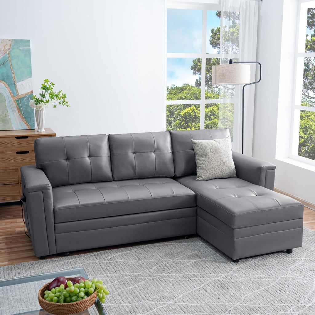 Naomi Home L-Shaped Sectional Sleeper Sofa with USB Ports - Convertible Pull-Out Bed, Ample Storage, Timeless Design, Durable Construction Gray/Air Leather