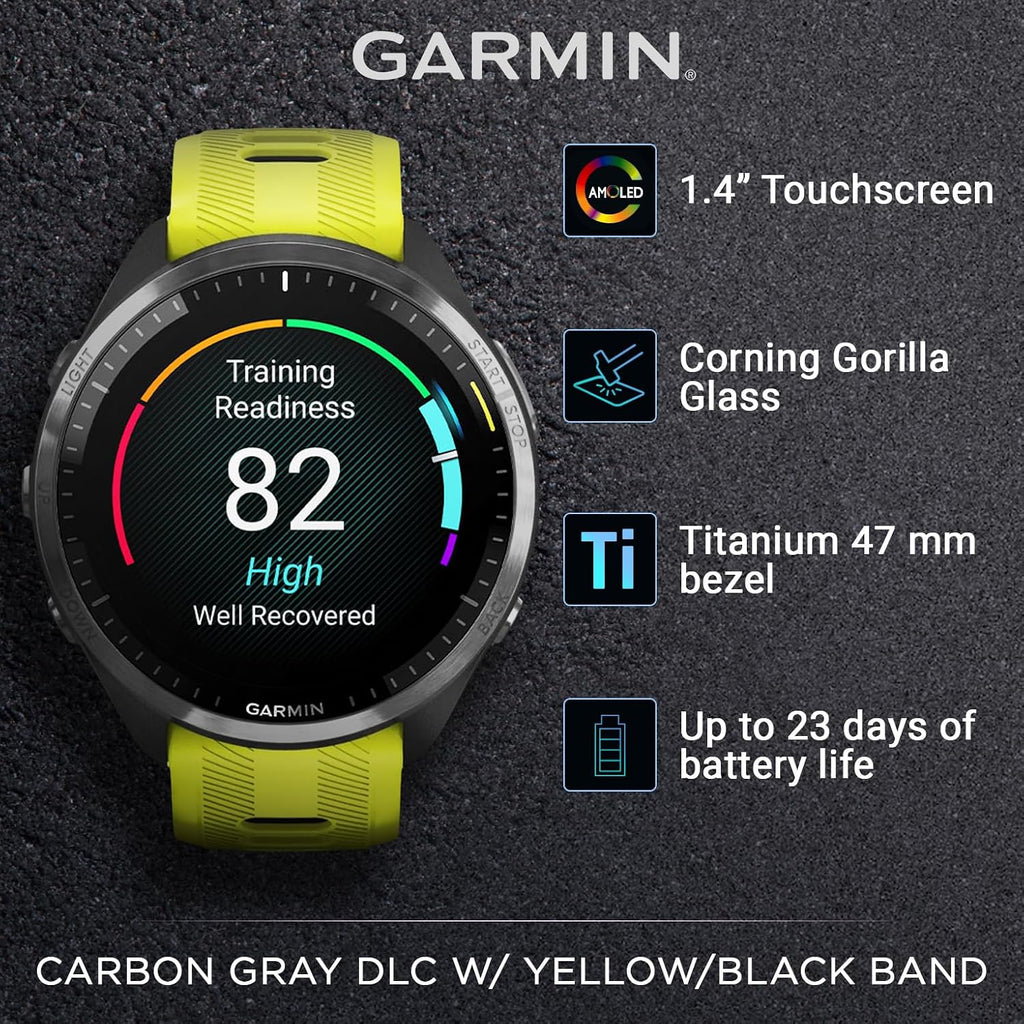 Garmin Forerunner 965 Premium GPS Running and Triathlon 47mm Smartwatch with AMOLED Touchscreen Display, Carbon Gray DLC Titanium Bezel and Amp Yellow Silicone Band with E-Bank.