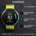Garmin Forerunner 965 Premium GPS Running and Triathlon 47mm Smartwatch with AMOLED Touchscreen Display, Carbon Gray DLC Titanium Bezel and Amp Yellow Silicone Band with E-Bank.