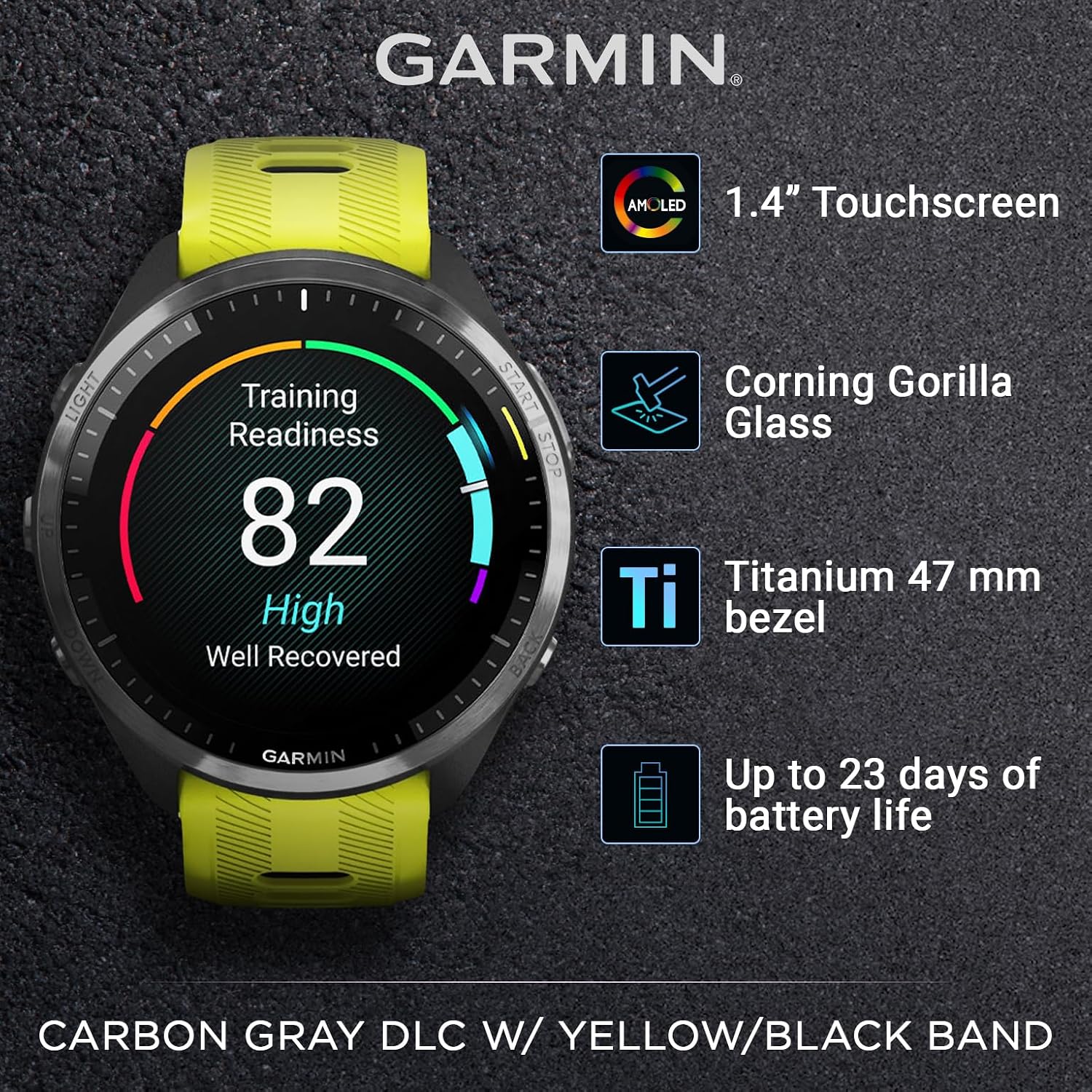 Garmin Forerunner 965 Premium GPS Running and Triathlon 47mm Smartwatch with AMOLED Touchscreen Display, Carbon Gray DLC Titanium Bezel and Amp Yellow Silicone Band with E-Bank.