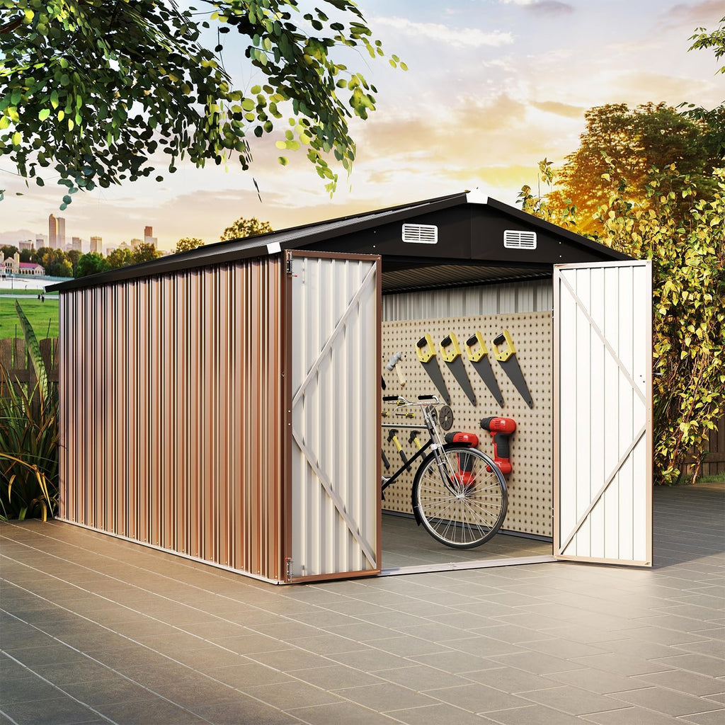 8x12ft Brown Metal Tool Shed with Double Lockable Doors, Ventilated Roof, Spacious Outdoor Storage for Tools, Bikes, and Garden Equipment