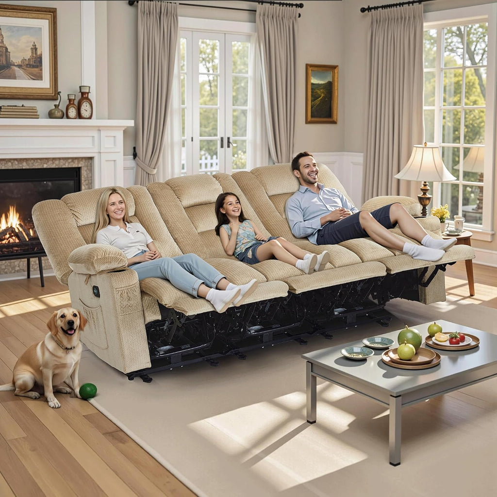 MCombo Zero Gravity Power Reclining Sofa with Heat and Vibration Massage, 3 Seater Reclining Couch with USB Ports, Cup Holders for Living Room, Fabric PR648SET (Beige)