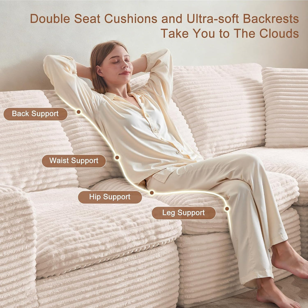 108' Modular Sectional Sofa Couches L Shaped Couch 3 Seater Cloud Sofa Memory Foam Sectional Couches for Living Room, Boneless Couch with Ottoman, Corduroy, Beige