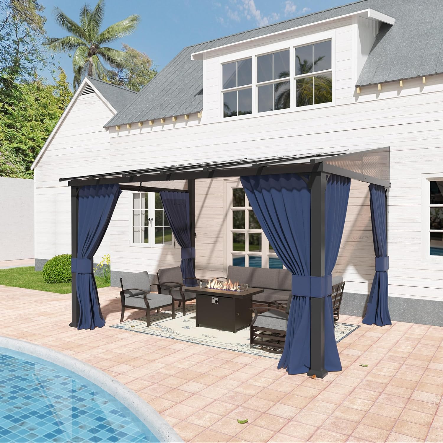 10' x 12' Gazebo,Wall Mounted Gazebo with Roof,Aluminum Frame Outdoor pelgole w/Netting & Curtain,Navyblue