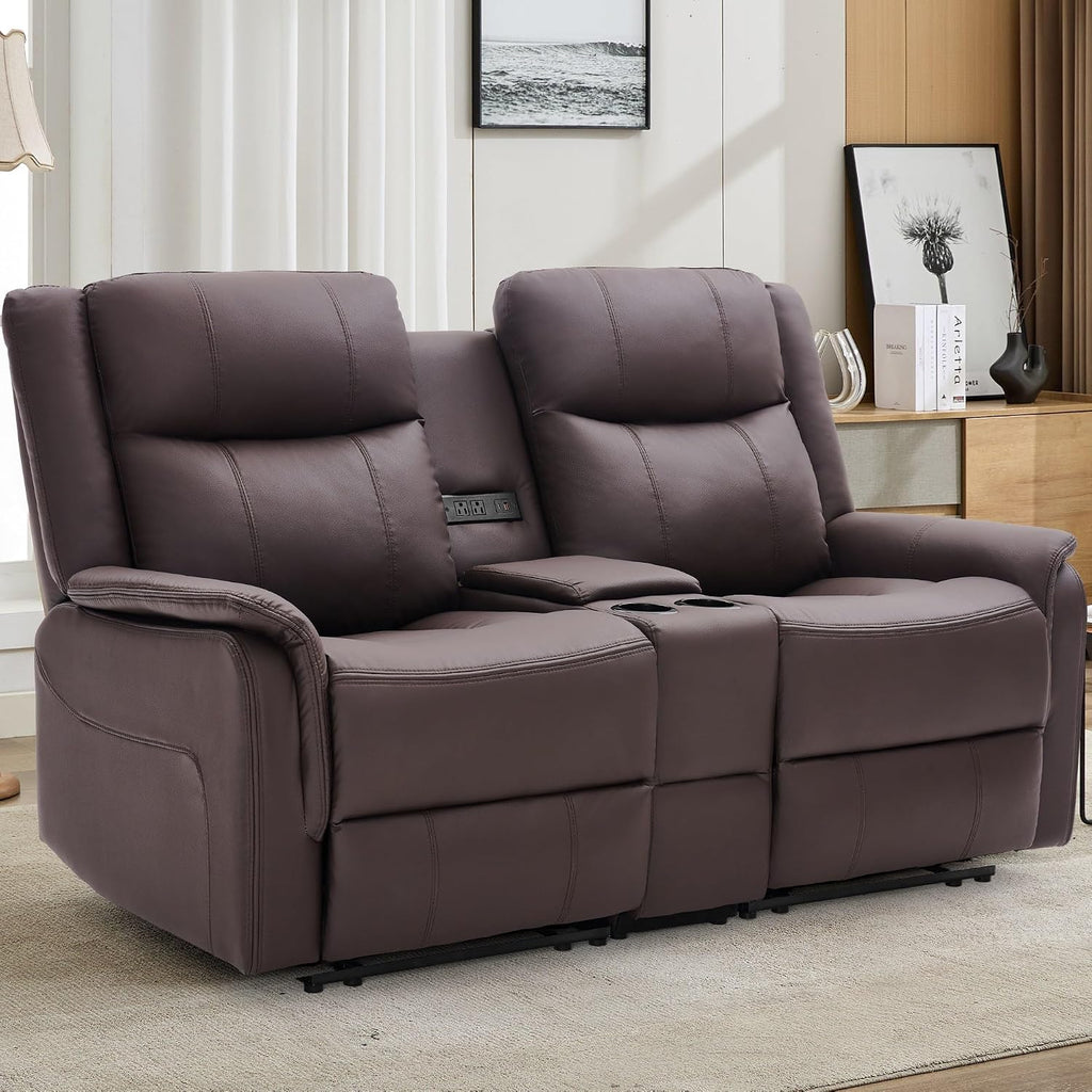 Korser Loveseat Recliner Sofa, Reclining Loveseat Couch with Manual Pull Tab, Reclining Couch with Console, USB Port, US Outlets, and Cup Holders, 2-Seater Leather Sofa for Living Room, RVs