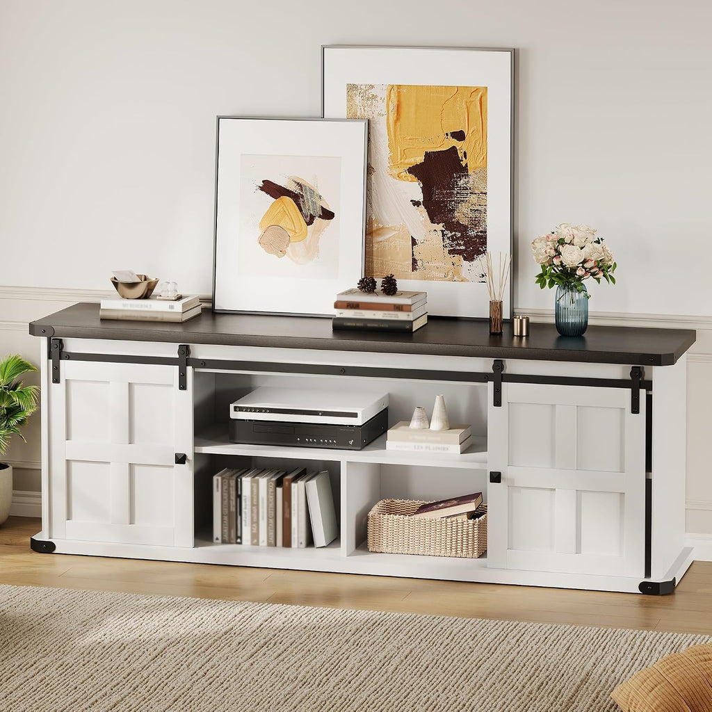 IDEALHOUSE Farmhouse TV Stand for 75 Inch TV, Entertainment Center with Storage Cabinets and Sliding Barn Doors, Media TV Console Table for Living Room Bedroom