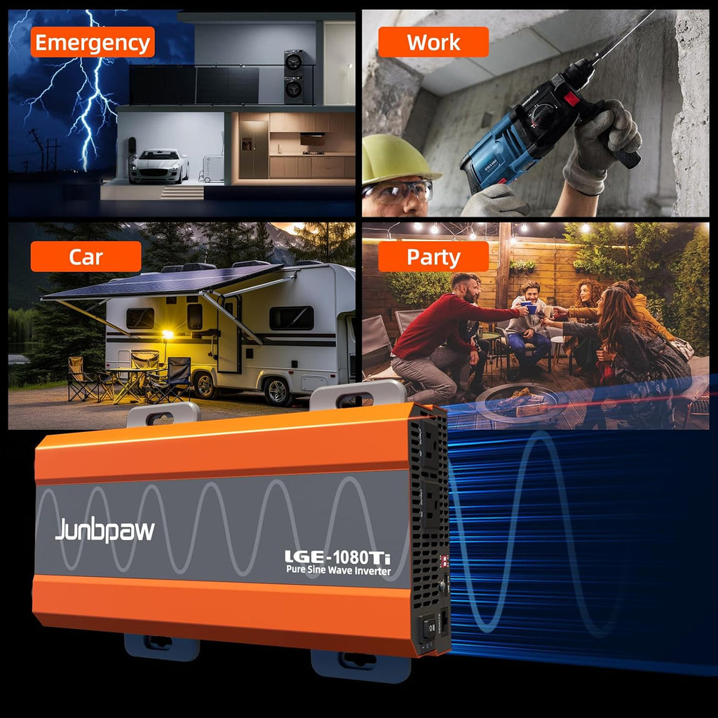 1080W Pure Sine Wave Inverter 12V to 110V Ultra Quiet, Game-Changing Design | 12V to 110 Converter for Home, RV, Camping, Off-Grid & Outdoor Adventures丨DC to AC (LGE-12V-1080Ti)