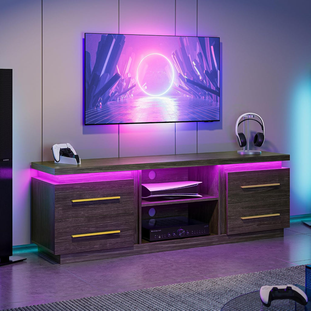 BELLEZE 66' TV Stand for TVs Up to 75', Entertainment Center with Music Sync LED Lights, Media Console Table Storage Cabinet with Open Shelves & Drawers for Living Room, Bedroom - Hawthorn (Brown)