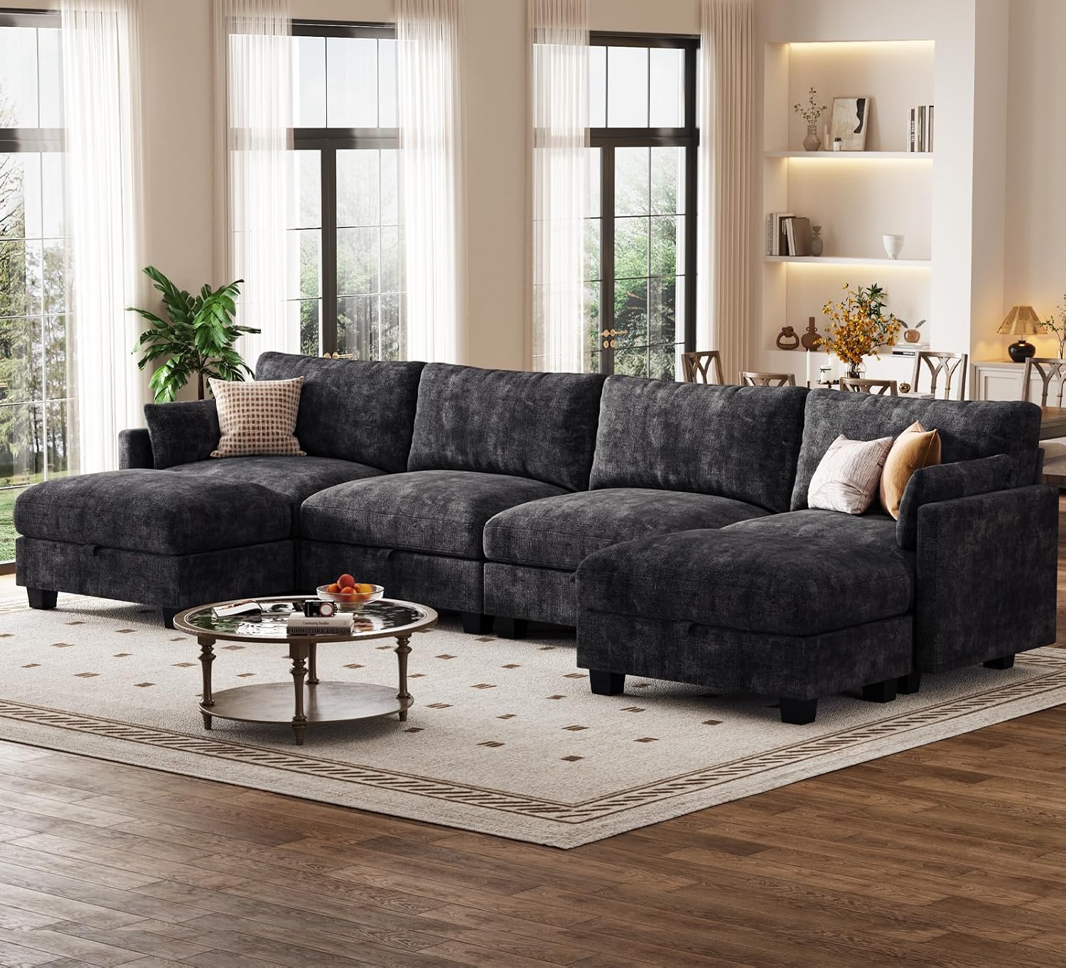 Modular Sectional U Shaped Sofa Couches for Living Room, Cloud Couch with Storage Ottoman, Comfy Chenille Sofa with Pillow, Black