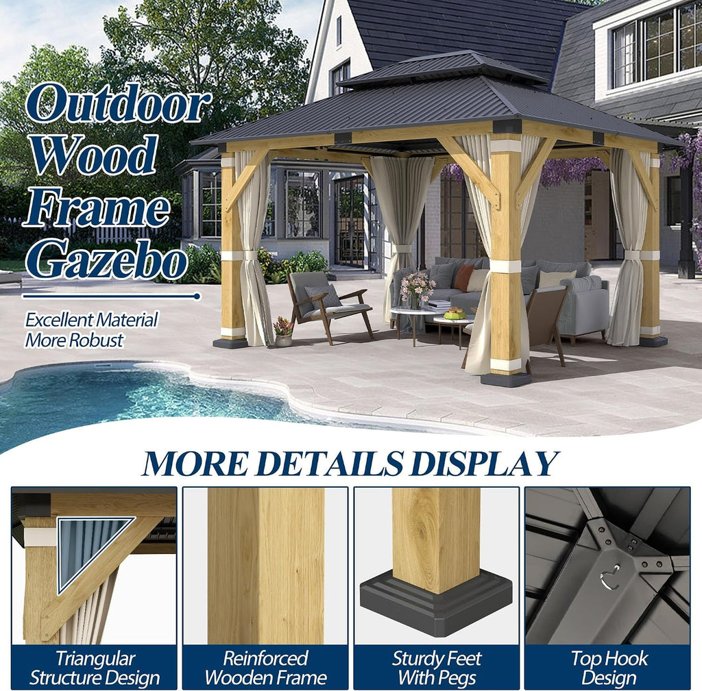 COVERONICS 10FT x 12FT Outdoor Wood Gazebo - Galvanized Steel Hardtop Gazebo with Heavy-Duty Double Roof, Patio Wooden Gazebo for Garden with Netting & Curtains, Poolside, Deck, Backyard