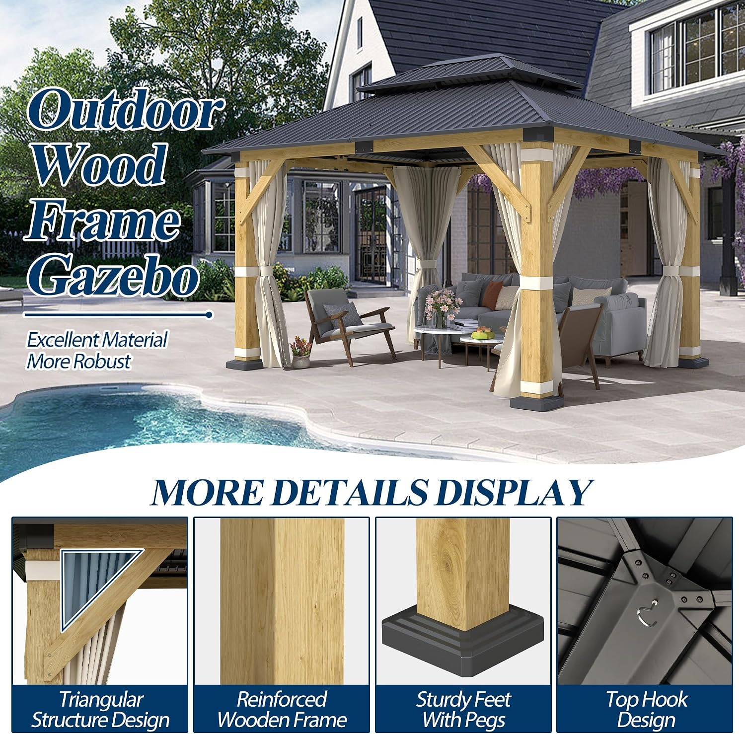 COVERONICS 10FT x 12FT Outdoor Wood Gazebo - Galvanized Steel Hardtop Gazebo with Heavy-Duty Double Roof, Patio Wooden Gazebo for Garden with Netting & Curtains, Poolside, Deck, Backyard