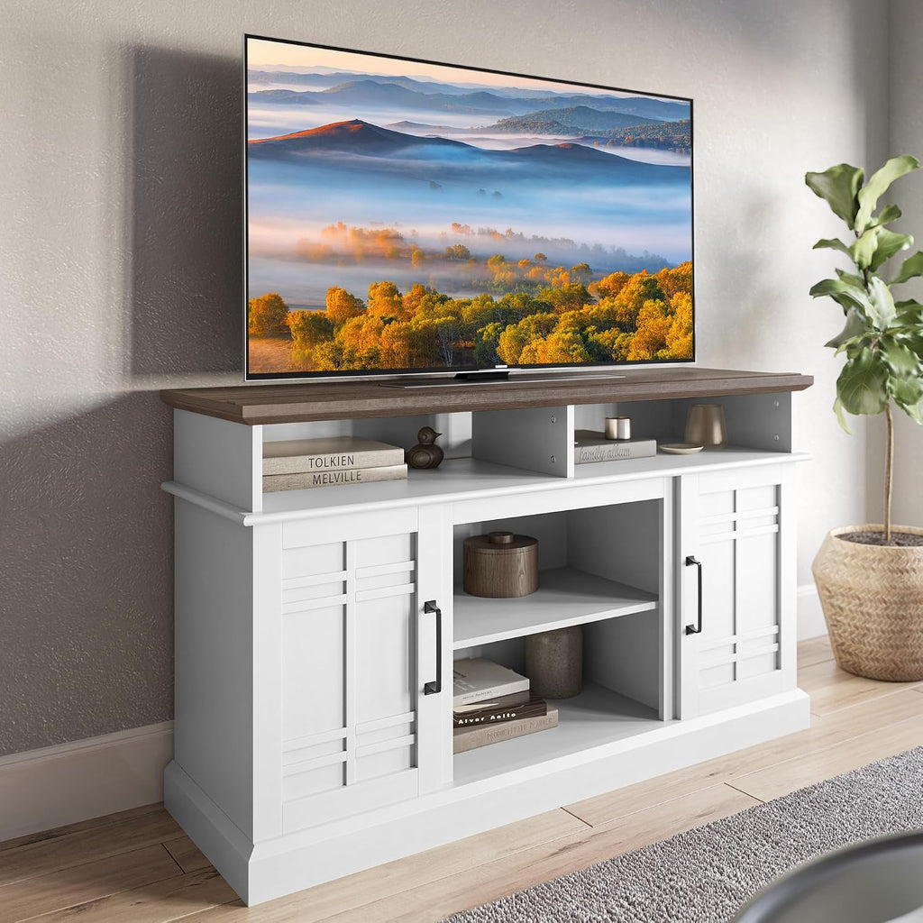 BELLEZE Modern 48' Farmhouse Wood TV Stand & Media Entertainment Center Console Table for TVs up to 50 Inch with Open Storage Shelves & Cabinets - Norrell (White)