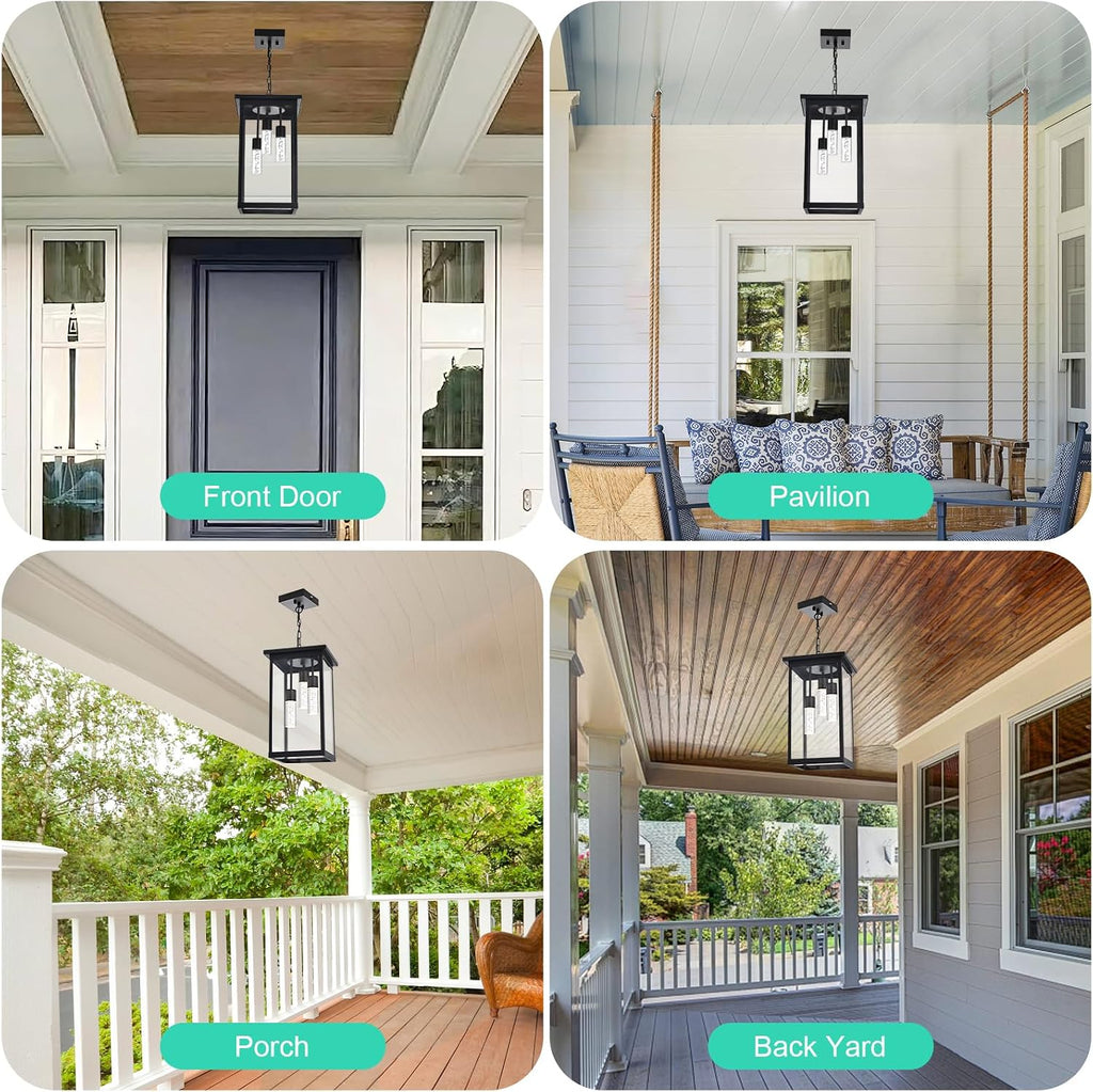 Yaohong 17' Large 5CCT LED Outdoor Pendant Light, 3-Lights Modern Black Hanging Ceiling Fixture with Acrylic Column & Clear Glass, Weatherproof Chandelier for Porch Gazebo Patio Entryway