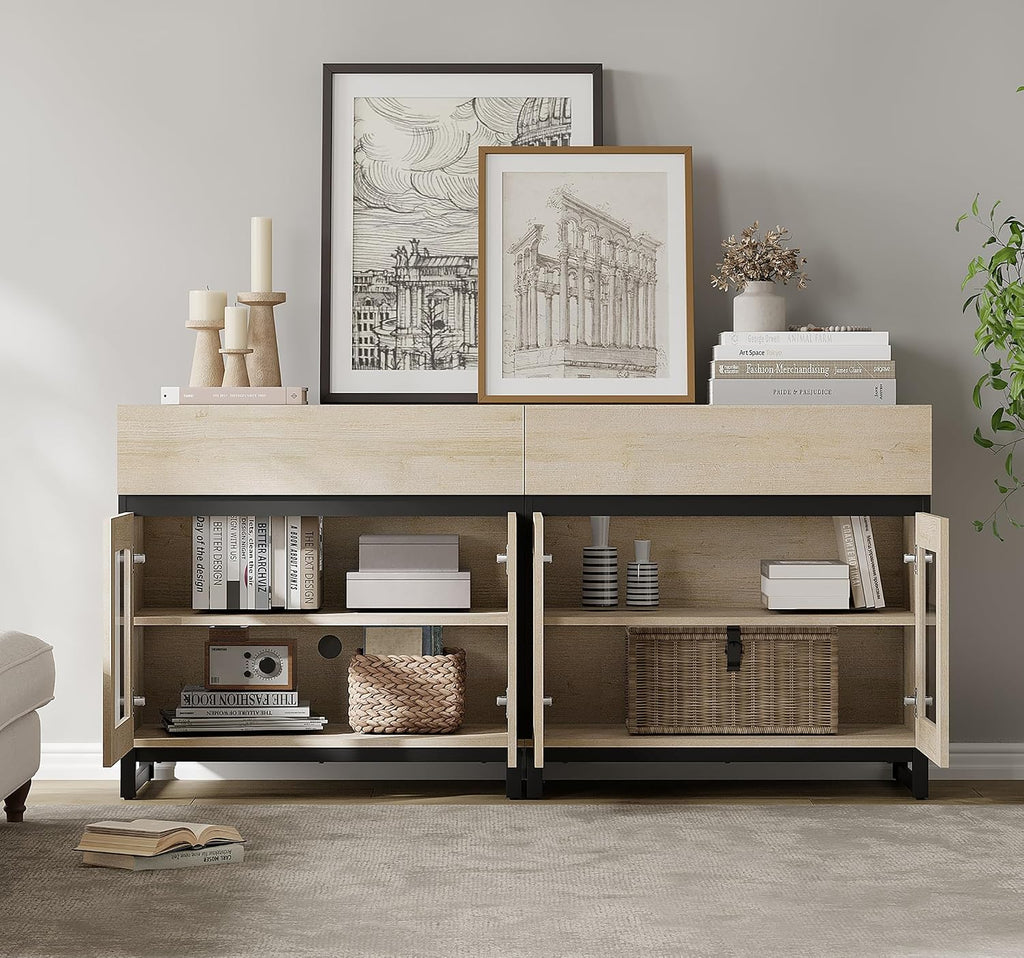WAMPAT Modern TV Stand with Glass Doors for 40-70 inch TVs, 2 in 1 Entertainment Center Console with 2 Drawers and Metal Base for Living Room, Bedroom, Beige
