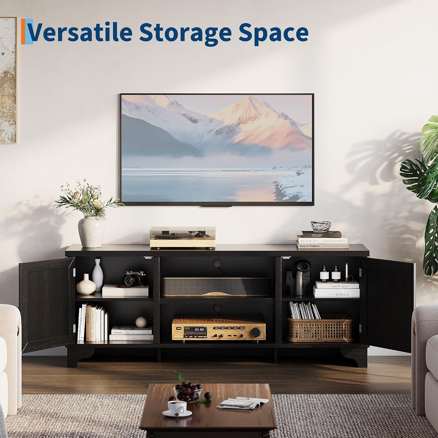 GarveeHome Rattan TV Stand for Living Room, Boho Entertainment Center for 55, 65 in TV, TV Console Cabinet with Storage Shelf, Black
