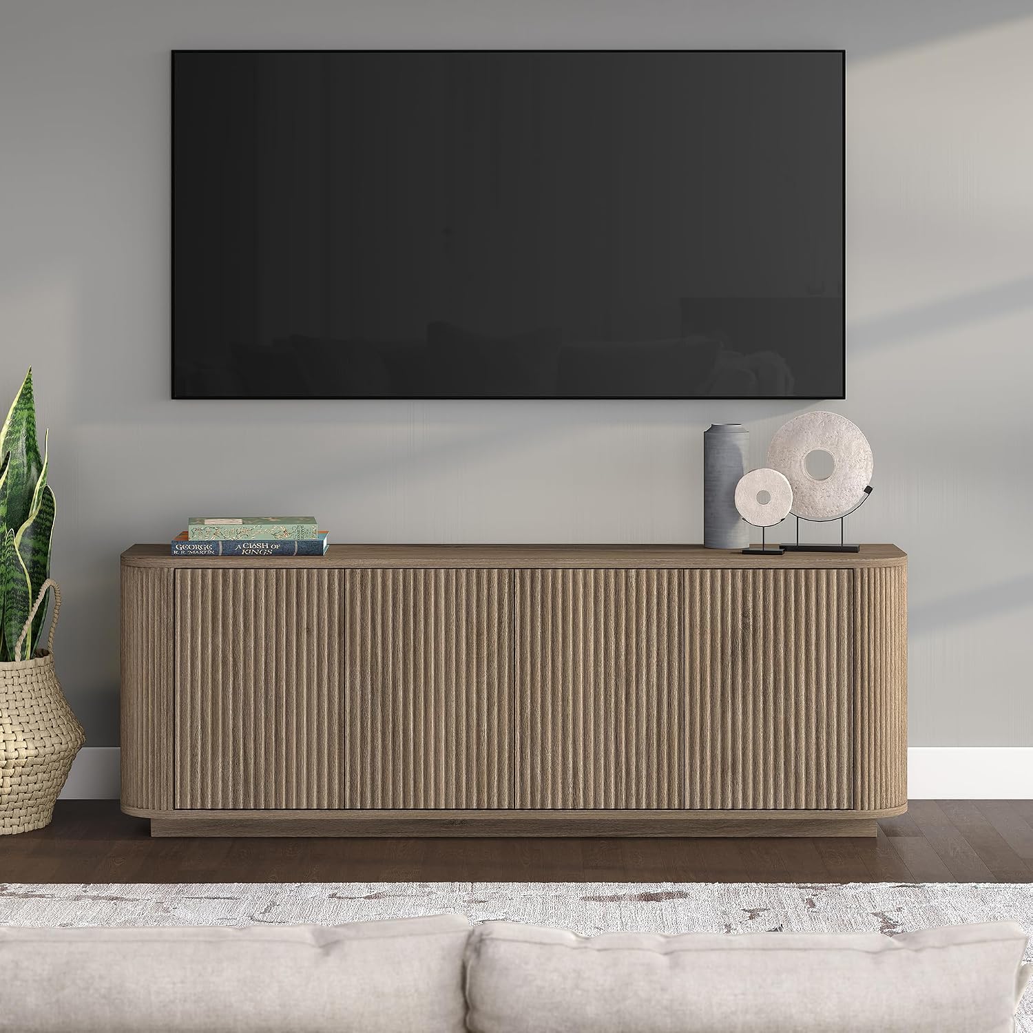 Henn&Hart Fluted TV Stand for TVs up to 75' with 2 Storage Cabinets with an Adjustable Shelf for Living Room, Family Room, or Office, Weathered Gray