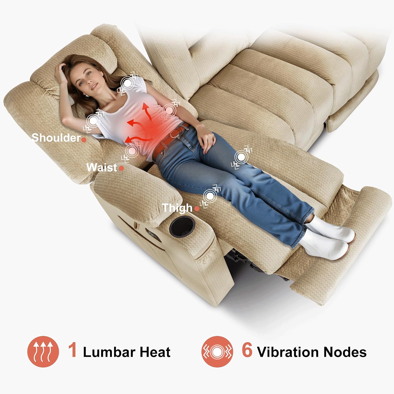 MCombo Zero Gravity Power Reclining Sofa with Heat and Vibration Massage, 3 Seater Reclining Couch with USB Ports, Cup Holders for Living Room, Fabric PR648SET (Beige)