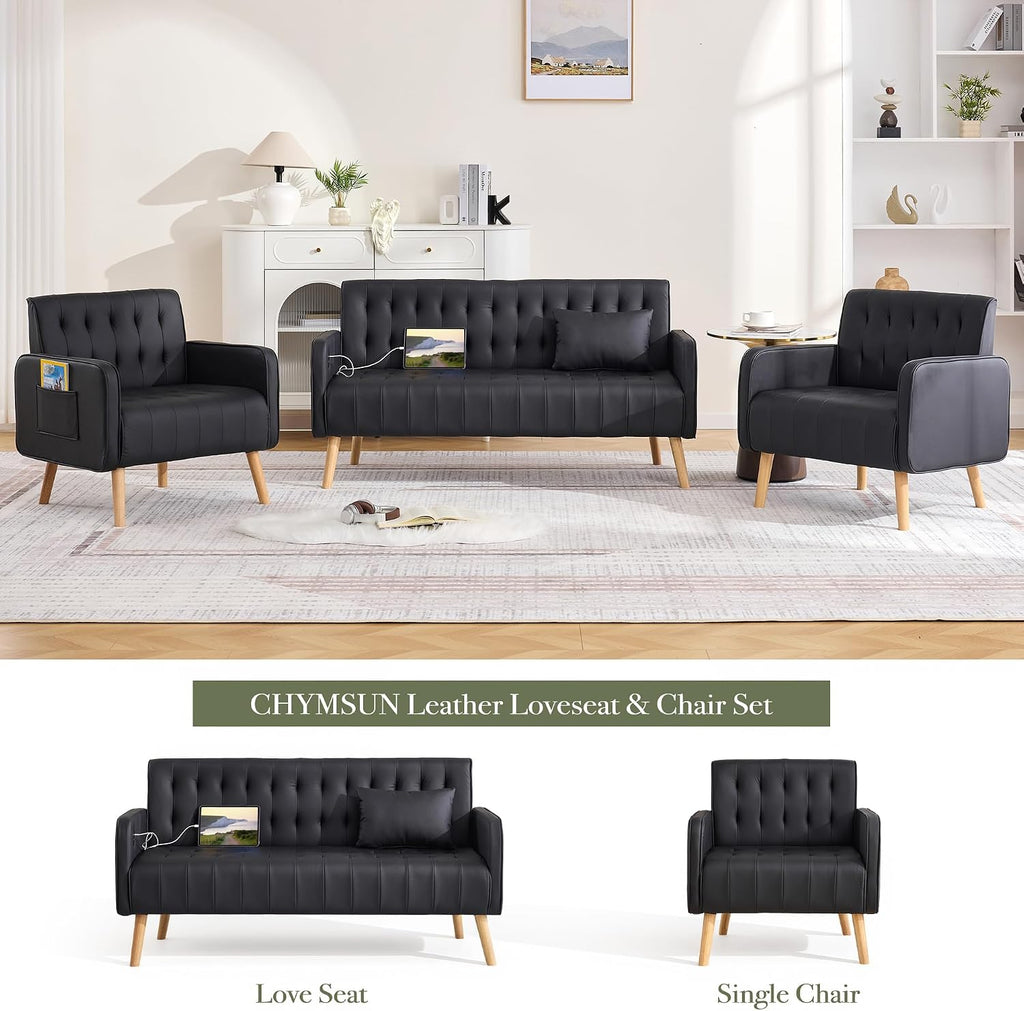 57' W Loveseat Sofa, Small Black Faux Leather Couch w/USB Charging Ports & Pockets, Mid Century Modern Tufted Love Seat Couches, Mini Office Sofa Couch for Small Spaces, Bedroom, Apartment