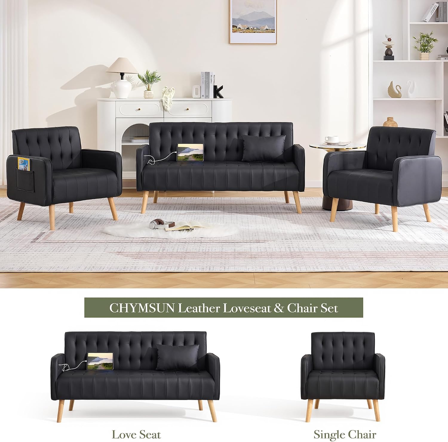 57' W Loveseat Sofa, Small Black Faux Leather Couch w/USB Charging Ports & Pockets, Mid Century Modern Tufted Love Seat Couches, Mini Office Sofa Couch for Small Spaces, Bedroom, Apartment