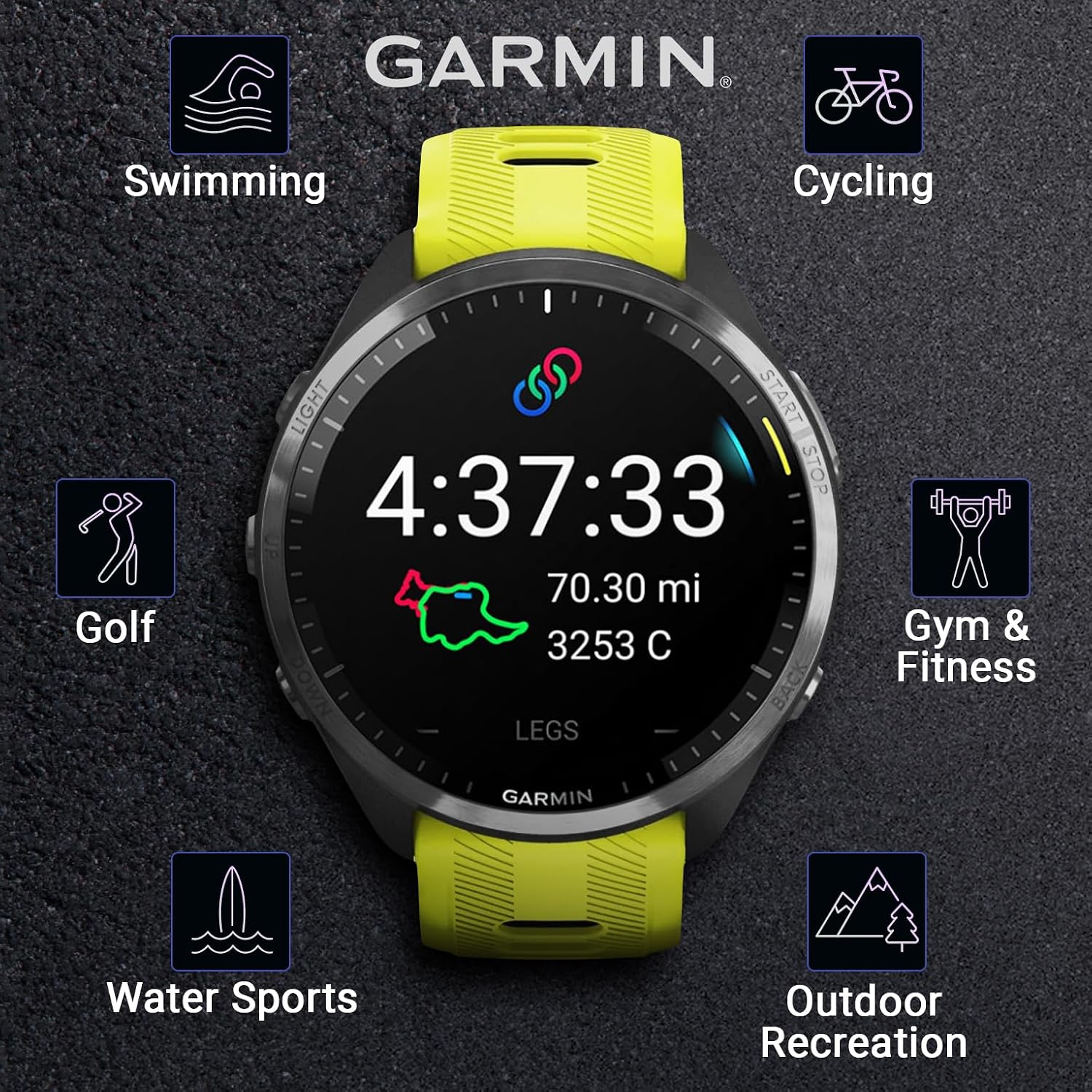 Garmin Forerunner 965 Premium GPS Running and Triathlon 47mm Smartwatch with AMOLED Touchscreen Display, Carbon Gray DLC Titanium Bezel and Amp Yellow Silicone Band with E-Bank.